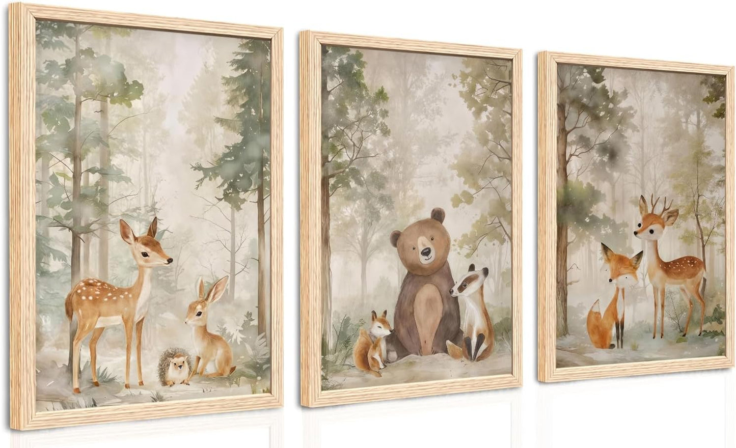 ICHZUMW Woodland Nursery Decor Wall Art Set of 3, Cute Forest Friend Animal Canvas Prints Bear Fox Deer Pictures, Nature Watercolor Paintings, Baby Room Kids Bedroom Playroom, Neutral Artwork 12x16in