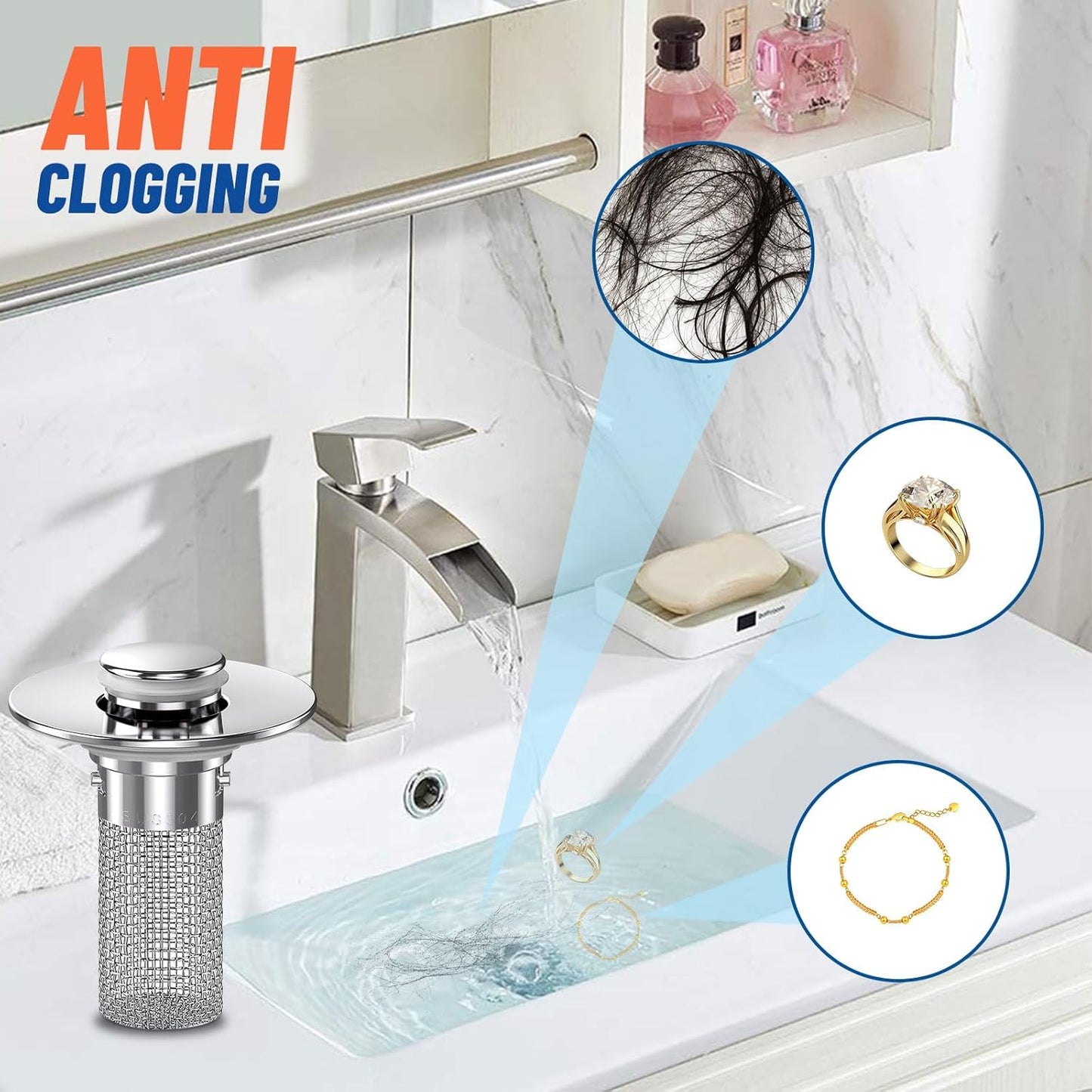 2024 New Pop Up Bathroom Sink Drain Strainer Hair Catcher, Sink Drain Stopper with Removable Stainless Steel Filter Basket,for US Bathroom Sink Stopper Replacement (2PCS)