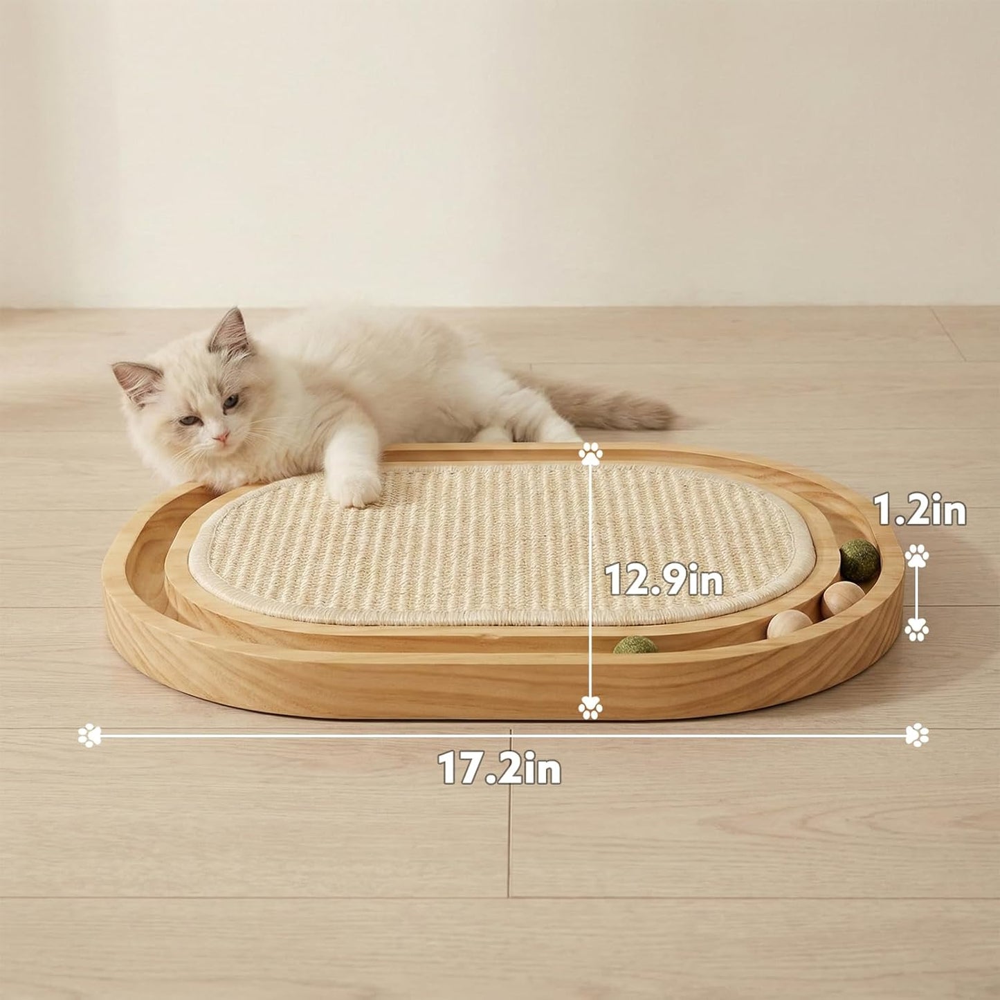 Sisal Cat Scratcher Toy with Ball Track, Natural Scratching Pad, Wooden Cat Toy with Non-Slip Base for Indoor Cats, Suitable for Kittens and Medium Cats