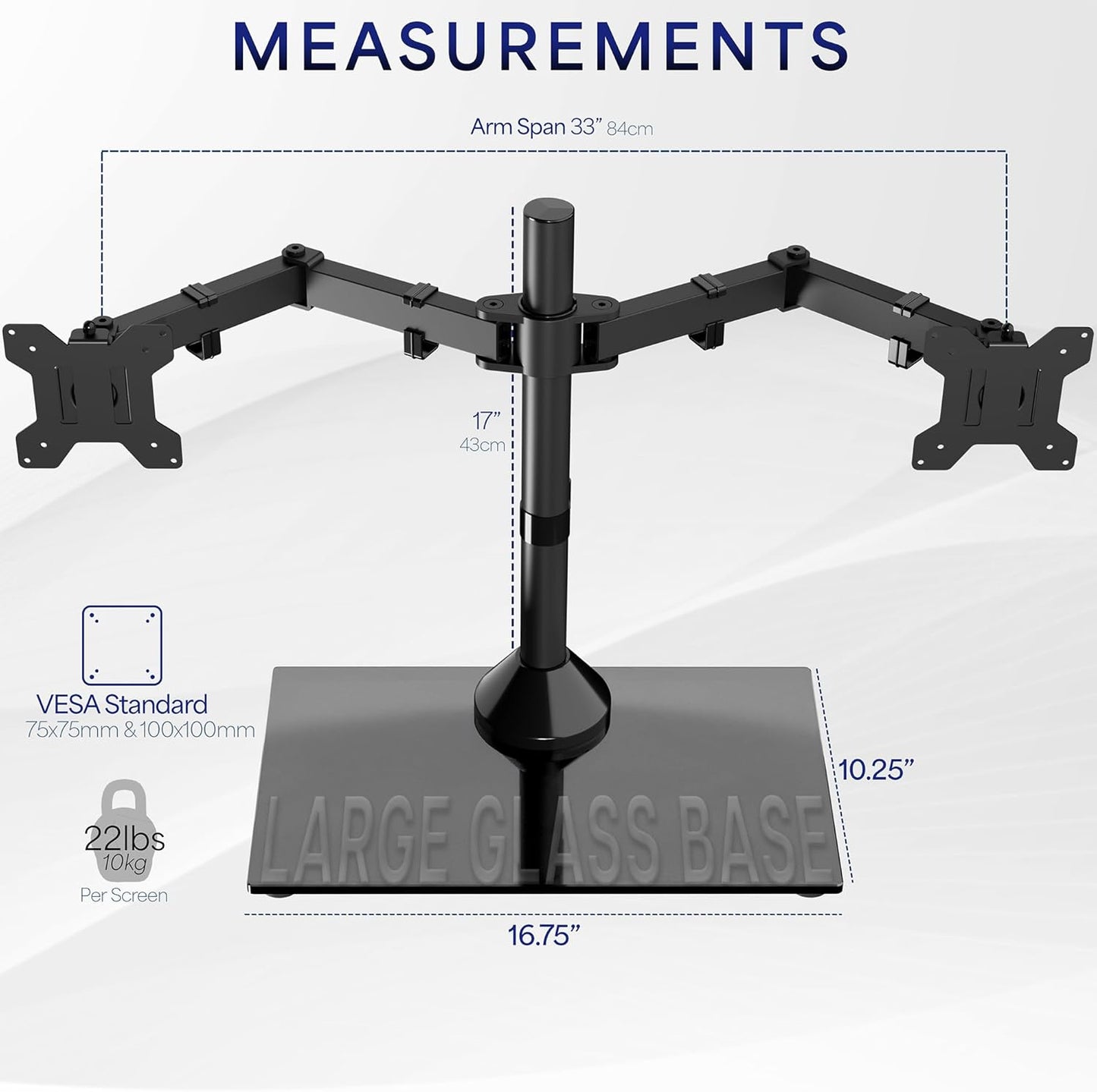 VIVO Freestanding Dual Monitor Stand with Sleek Glass Base and Adjustable Arms, Mounts 2 Screens up to 32 inch and 22 lbs Each, Black, STAND-V002FG