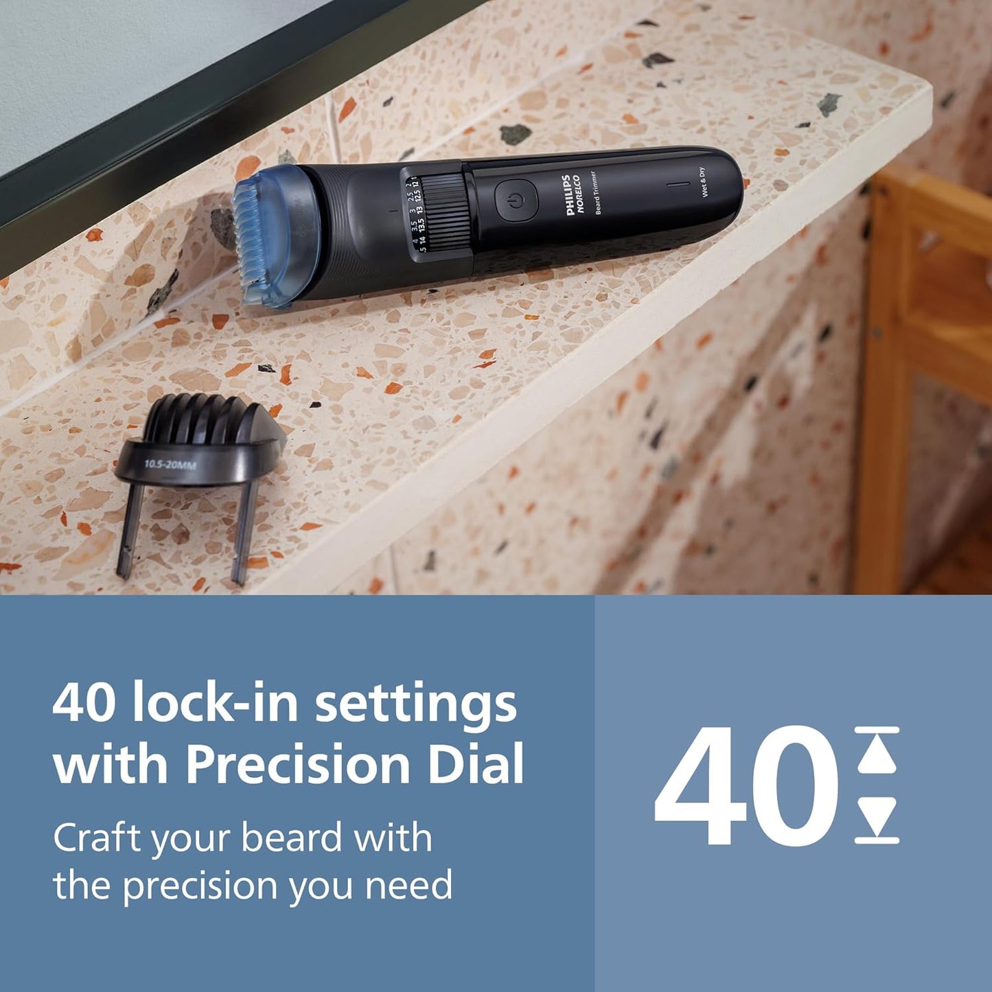 Norelco Philips 100% Waterproof Beard Trimmer 3000 Series with Self-Sharpening Blades, 40 Adjustable Beard Trimmer Length Settings & Two Lift&Trim Combs, USB Charging, BT3620/40