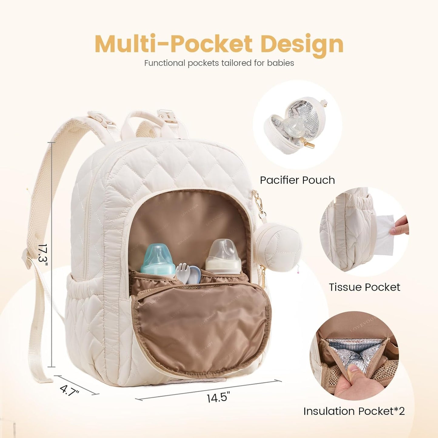LOVEVOOK Diaper Bag Backpack,Puffer Quilted Baby Diaper Bag with Insulated Pockets,Travel Diaper Backpack for Boys Girls with Changing Pad,Water-Resistant Baby Bag for Mom Dad,Beige