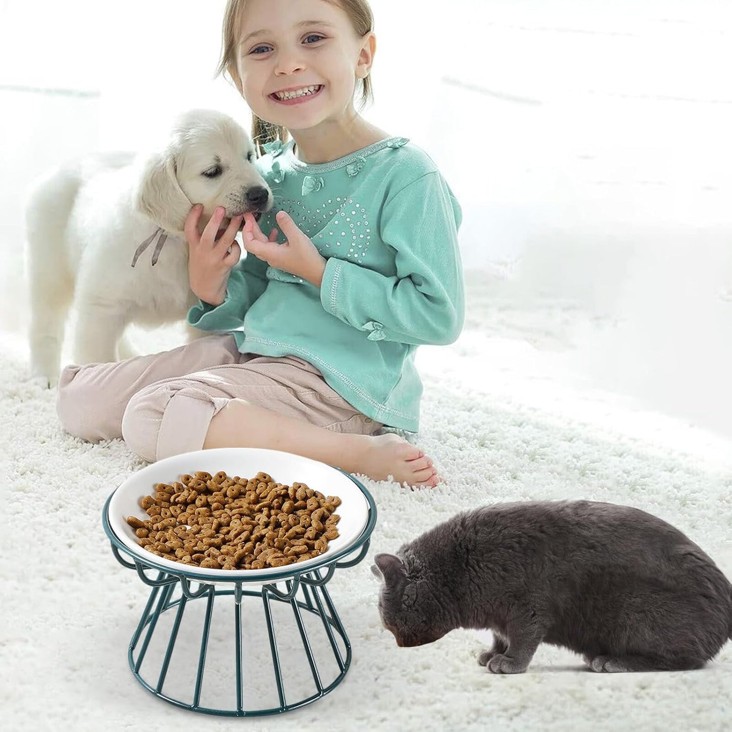 Milisten Pet Cat Ceramic Raised Feeding Bowl with Metal Rack Anti-Overturn Food and Water Dish Set Elevated Pet Bowl for Cats to Protect Spine and Feeding Comfort 2pcs Set Green Metal Stand
