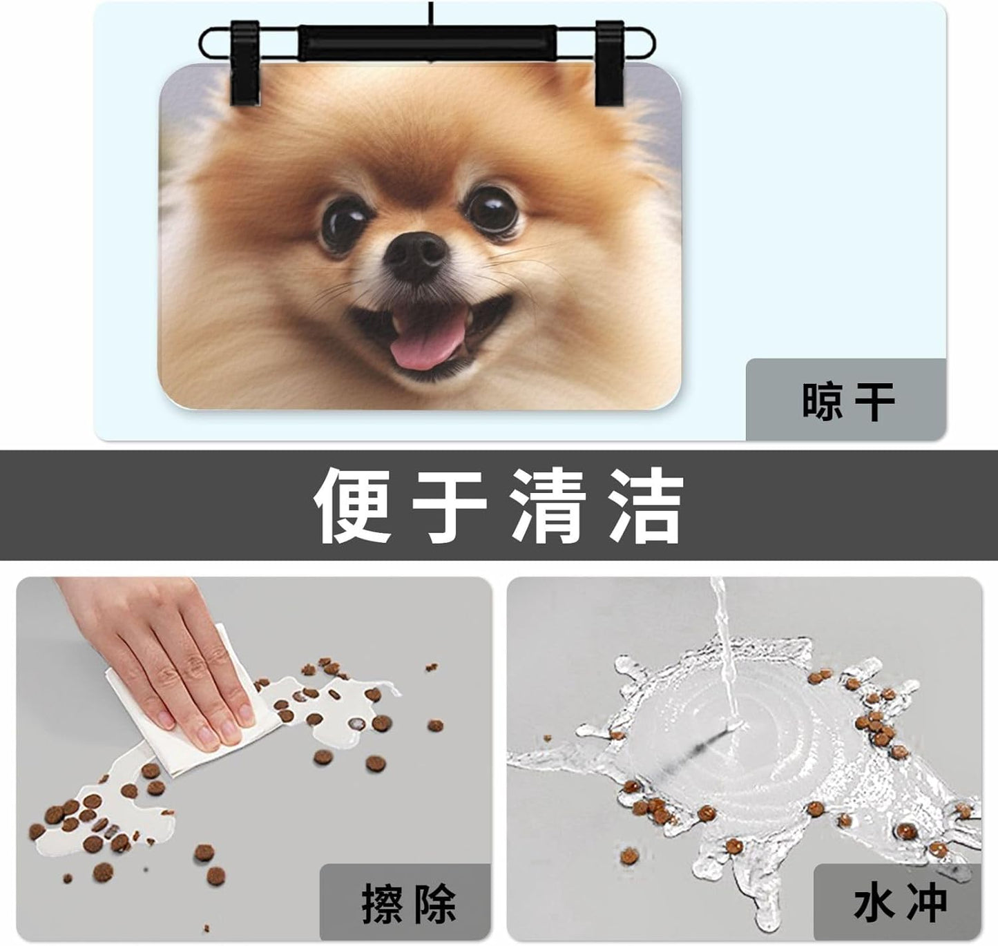 Cute Pomeranian Pet Feeding Mat 40x60cm Absorbent Leather Dog Cat Food Mats Non-Slip Dog Bowl Mats for Food and Water, Quick Dry Pets Placemats for Cats and Dogs Water Bowl