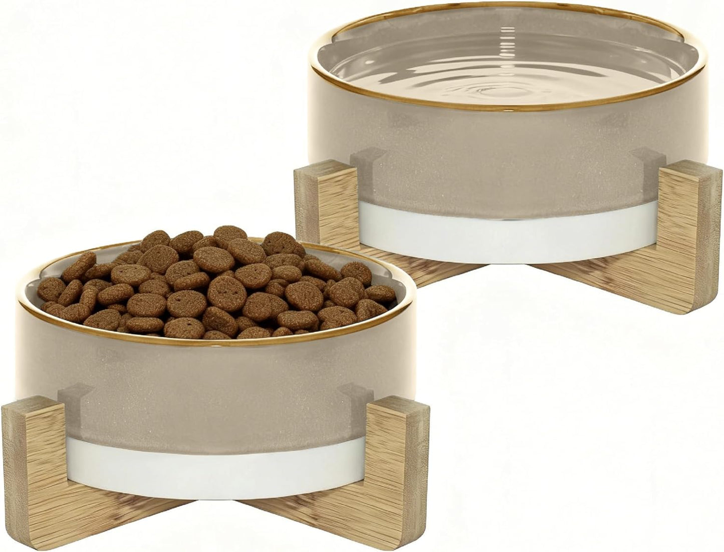 Elevated Ceramic Cat and Dog Double Bowl Set - 14 oz Lead-Free Feeder with Two Natural Bamboo Wood Stands (Brown)