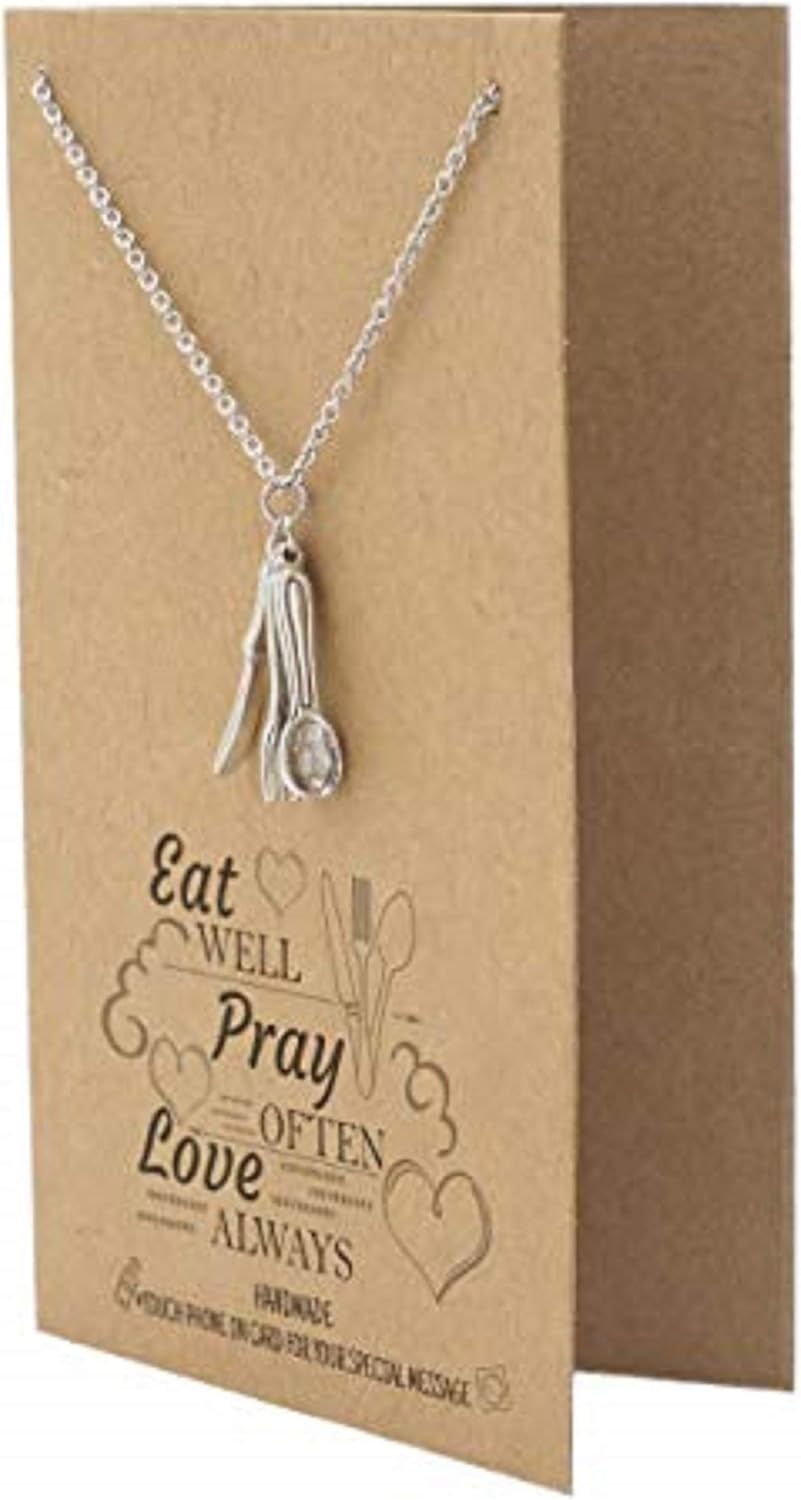 quan jewelry Handmade Spoon Fork Knife Pendant Necklace for Women, Foodie Best Friend Birthday Mothers Day Gifts, Kitchen Cutlery Charm, Gifts for Men and Women with Inspirational Greeting Card