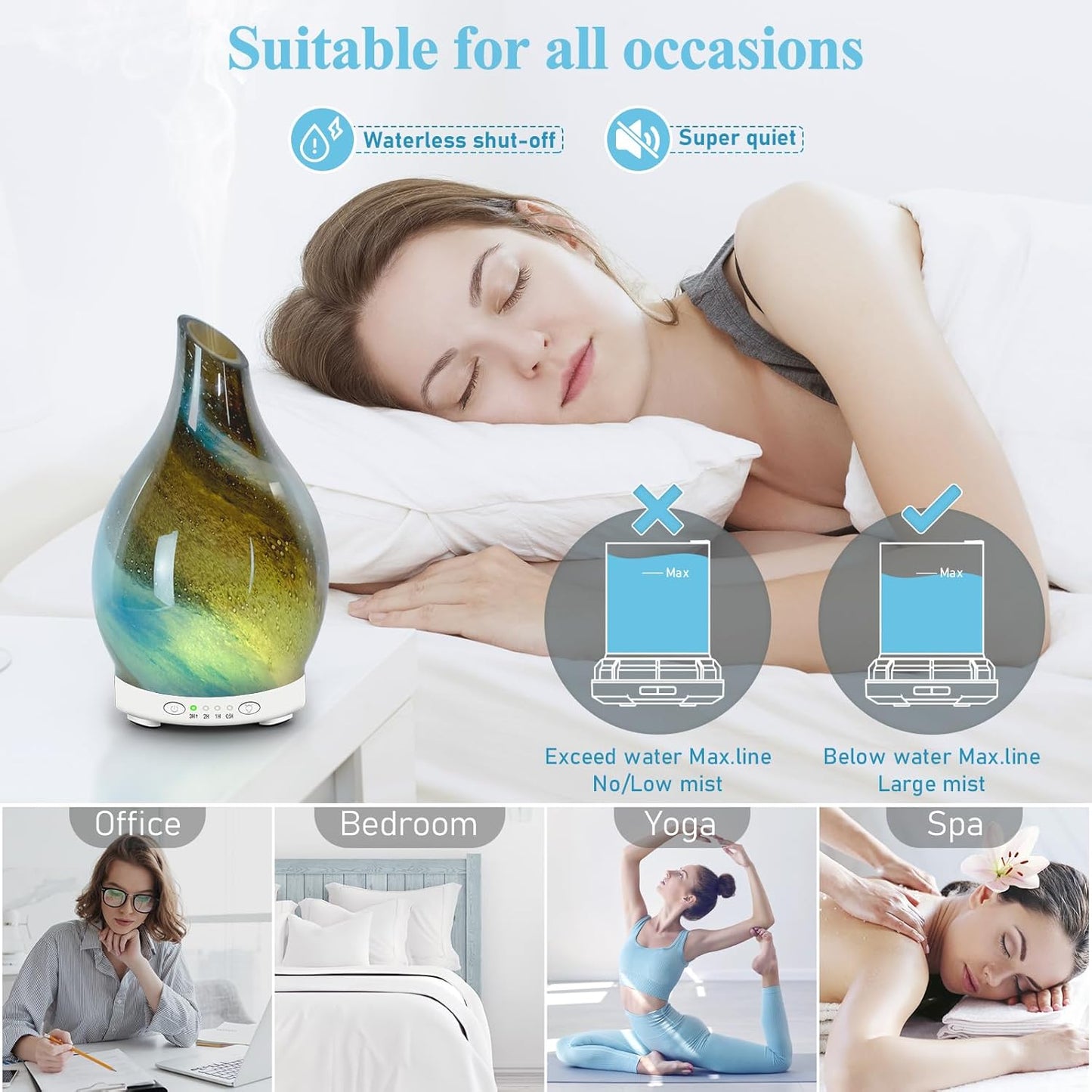 Essential Oil Diffuser 120ML Glass Aromatherapy Diffuser with 4 Timer Settings & 7 Color Changing Lights, Auto Shut-Off, Ultra Quiet Oil Diffuser for Home, Office, Yoga, Spa and Sleeping