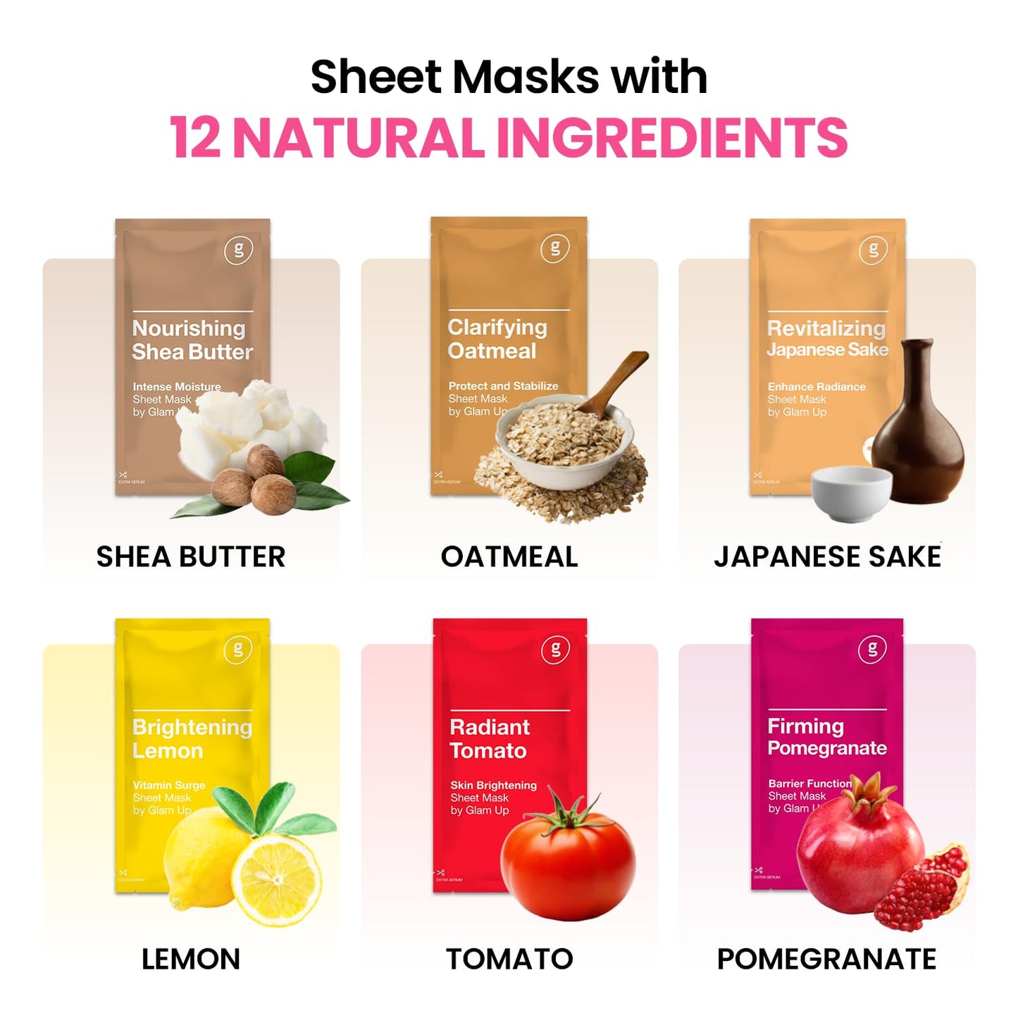 GLAM UP Korean Facial Sheet Mask 12 Combo Pack | Hydrating & Moisturizing Face Mask for Glass Skin | Soothing Korean Skincare for Sensitive, Dry Skin | Bulk Face Masks Gift Set for Home Spa