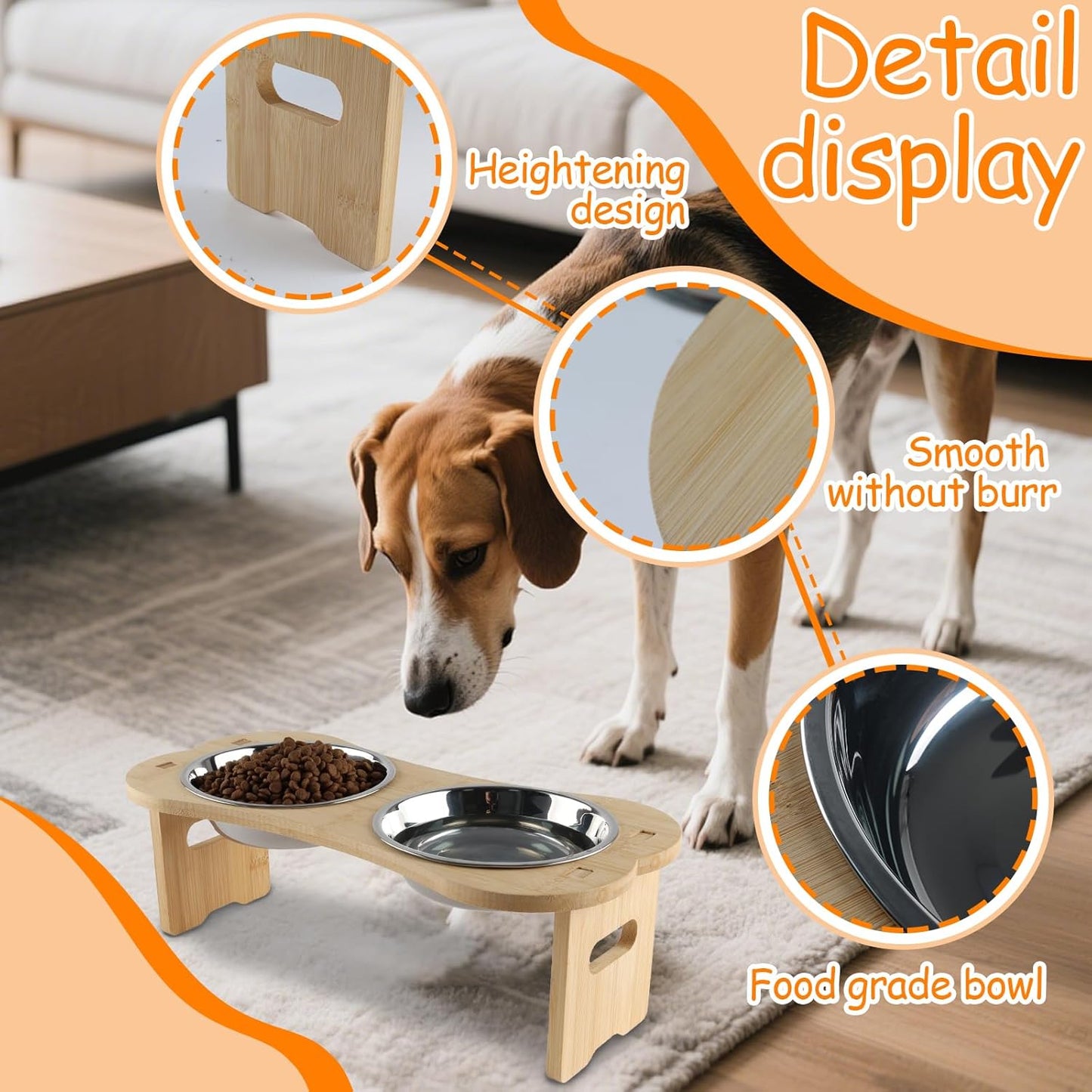 Elevated Dog Cat Bowls-2pack Stainless Steel Pet Food Water Bowls with Anti-Slip Bamboo Stand-Raised Dog Bowl for Small Dogs-Raised Cat Bowl Stand-Pet Feeding Station（4.7'' Height