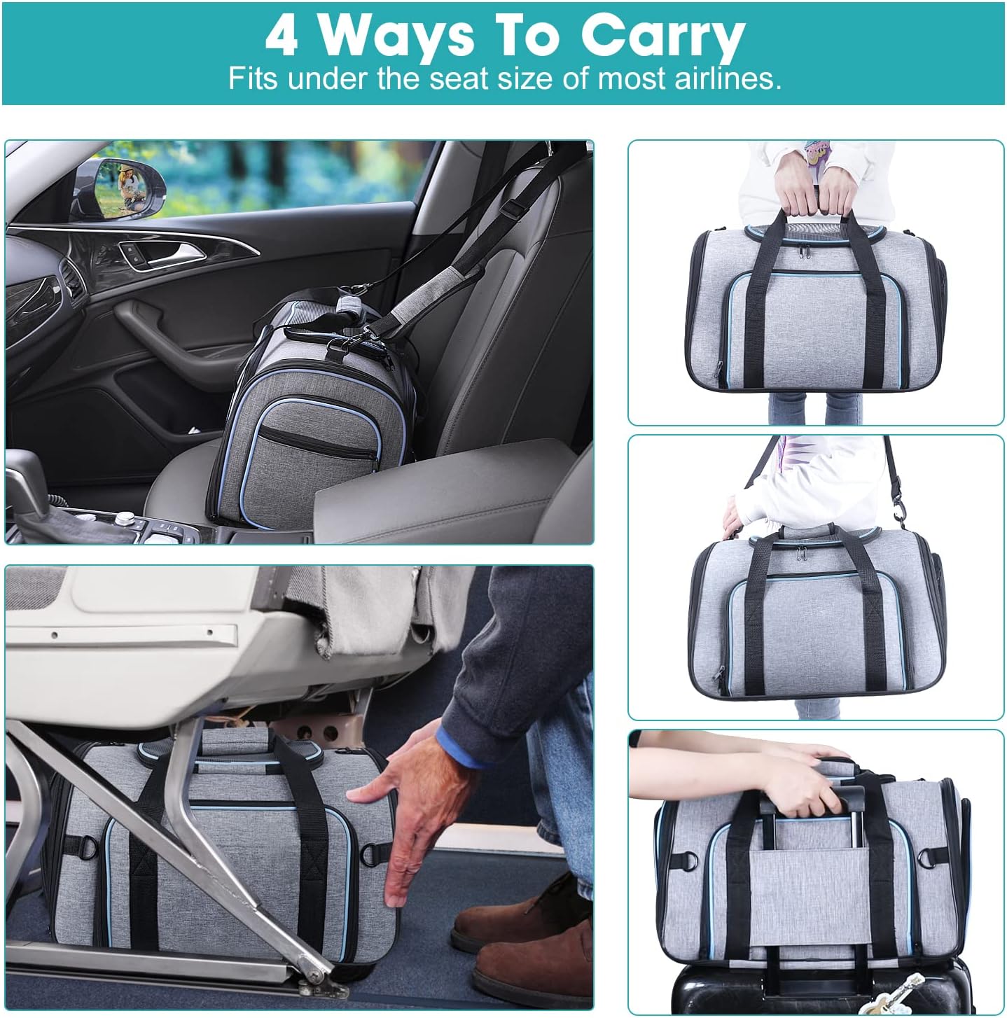 Siivton Airline Approved Pet Carrier, 4-Way Expandable Cat Dog Carrier for Under-Seat Travel, Soft-Sided Portable Pet Bag with Removable Fleece Pad, Fits Small Pets Up to 15 lbs (18"x 11"x 11")