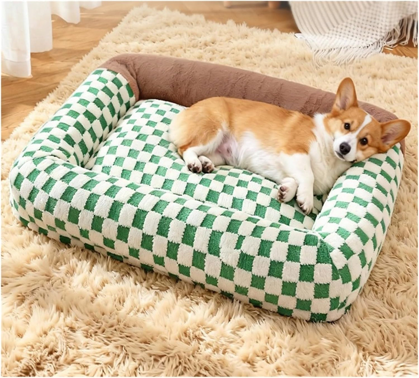 Checkerboard Square nest Soft Large pet Bed deep Sleep cat Kennel Winter Warm mat(Green,Small)