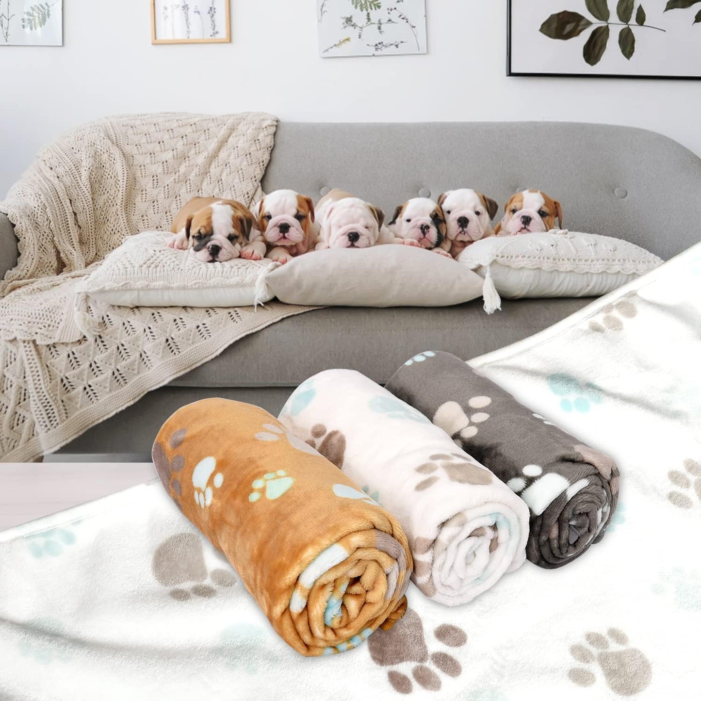 Rezutan Upgraded Dog Blankets for Medium Dogs, 3 Pack Dog Cat Blanket Washable, Soft Pet Throw Cover Suitable for Kennel Crate Bed, Cute Paw Pattern, 30"x20" Grey/Brown/White