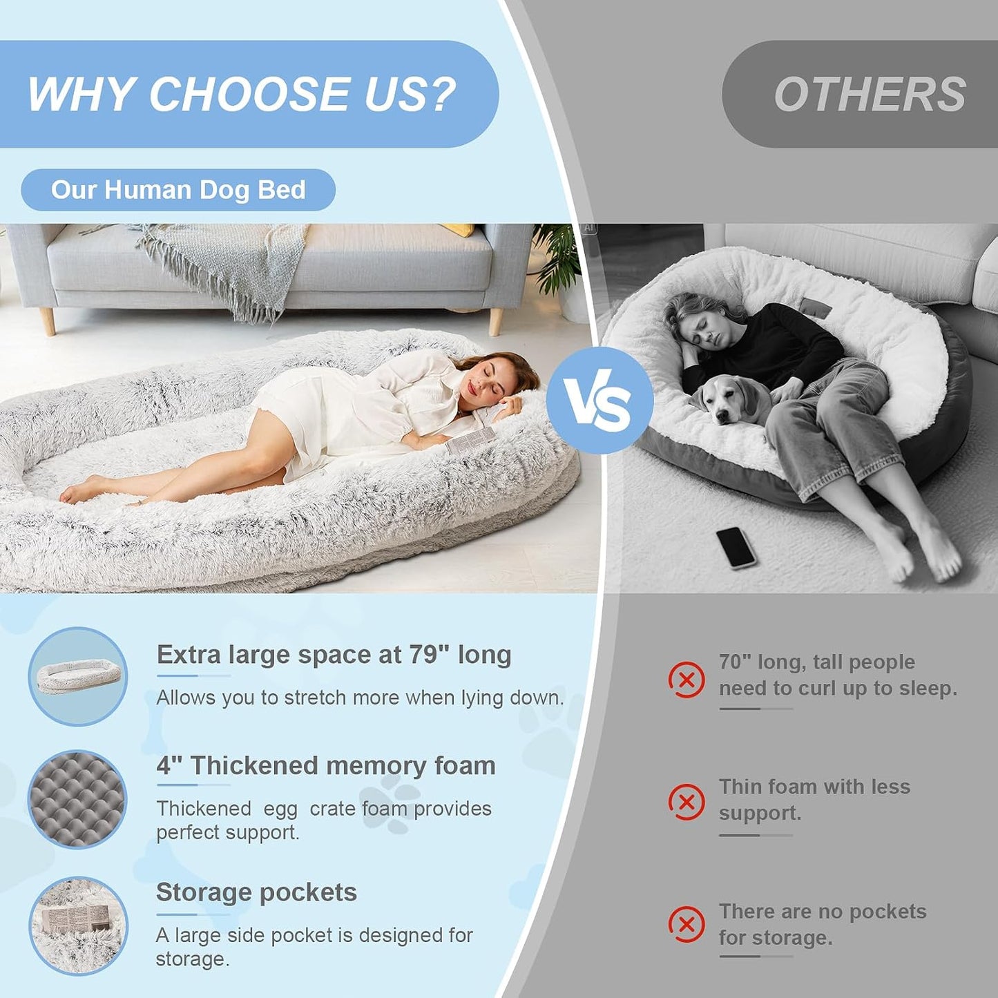 Human Dog Bed XL 79"x44"x12.5" - Shared Orthopedic Dog Bed for Adults & Pets, Large Size Faux Fur Pet Bed, Removable Washable Cover, Light Grey