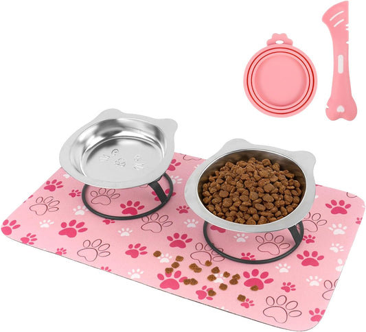 2-Pack Elevated Cat Bowls with Non-Slip Mat, 15°Tilted 7.1" Wide Raised Stainless Steel Cat Food Dishes, Whisker Friendly Bowls for Neck Stress-Free Anti-Vomiting Feeding for Cats & Small Dogs