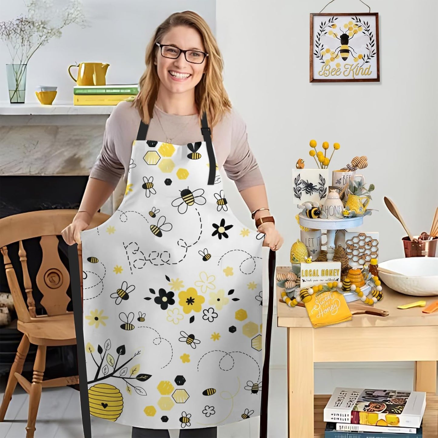 Bee Aprons for Women with 2 Pockets, Adjustable Waterproof Cute Kitchen Apron for Cooking Baking Dishwashing, BBQ, Gardening, Spring Easter Decor, Gifts for Mom Wife, Women
