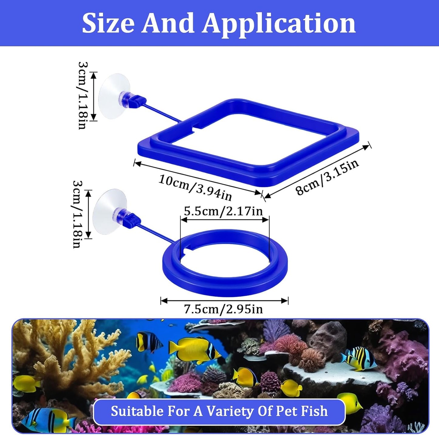 2Pcs Floating Fish Feeder, Fish Feeding Ring for Aquarium, Betta Fishes Tank Accessories Blue Turtle Feeding Ring with Suction Cup, Square & Round Floating Food Feeder for Betta, Goldfish, Turtle