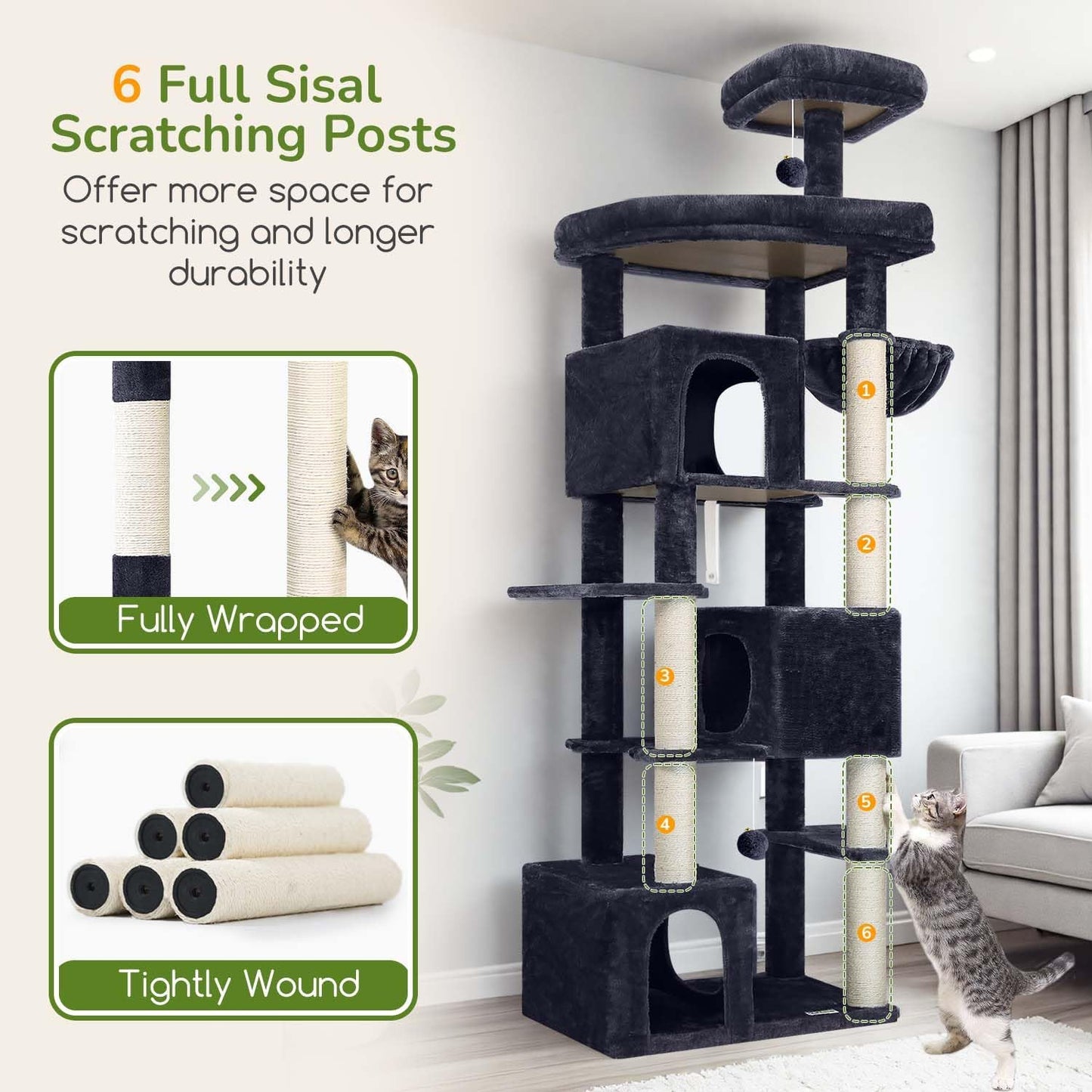 Globlazer Cat Tree for Indoor Cats, 80in Heavy Duty Cat Tower with 6 Full Wrapped Sisal Scratching Posts, 3 Spacious Multi-Level Cat Condos, Oversized Fan-Shaped Perch, S80, Dark Grey
