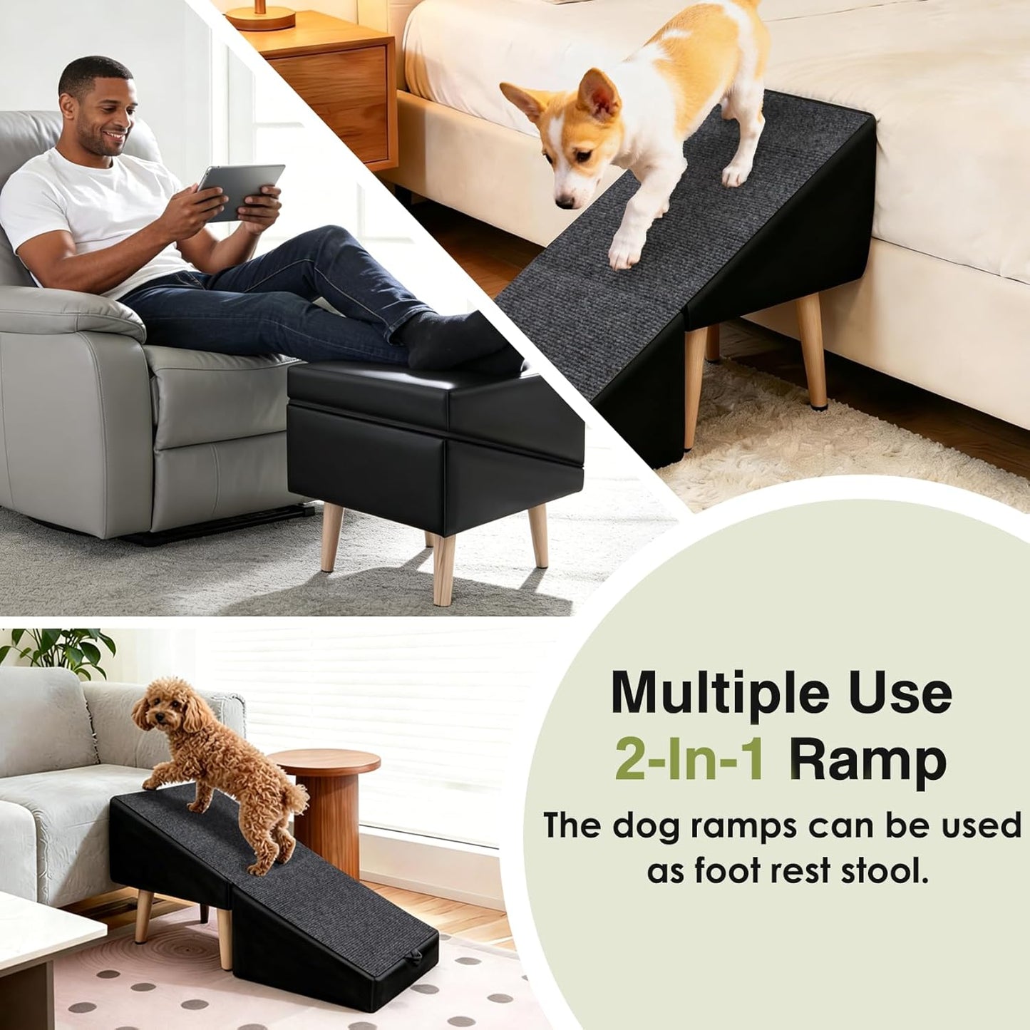 Split Ottoman Dogs Ramp, Dog Ramp for Couch and Bed, Dog Stairs for Small Dogs and Cats, 2-in-1 Foldable Wooden Pet Stairs and Ottoman, Non-Slip Fabric Surface Ramp for Couch and Bed Black XXXL