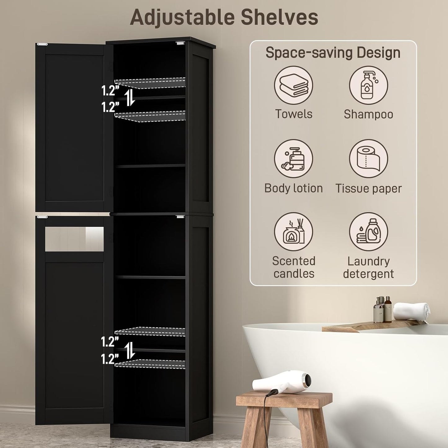 Vabches Tall Bathroom Cabinet, Slim Bathroom Storage Cabinet with Adjustable Shelves and 2 Doors, Narrow Floor Storage Cabinet for Bathrooms, Kitchen, Living Room, Black