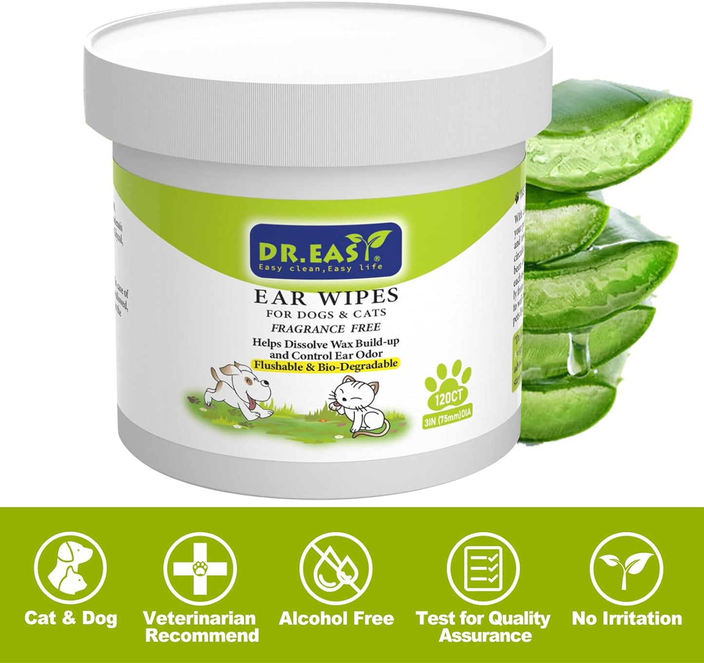 Dr.Easy Pet Ear Wipes 120ct for Dogs & Cats,No Fragrance,Helps Dissolve Wax Build-Up and Control Ear Odor,flushable Gentle Soft and high Absorbency,Lock in Liquid,Stop Ear Itching,Natural Cleansing.