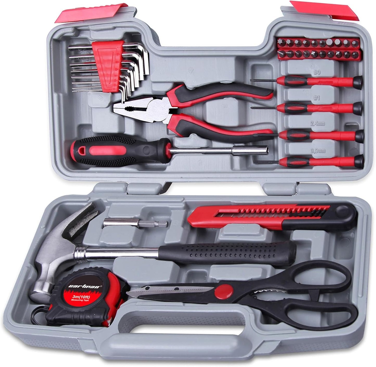 CARTMAN 39-Piece Home Tool Set Kit, Essential Household Hand Tools with Plastic Storage Case Red