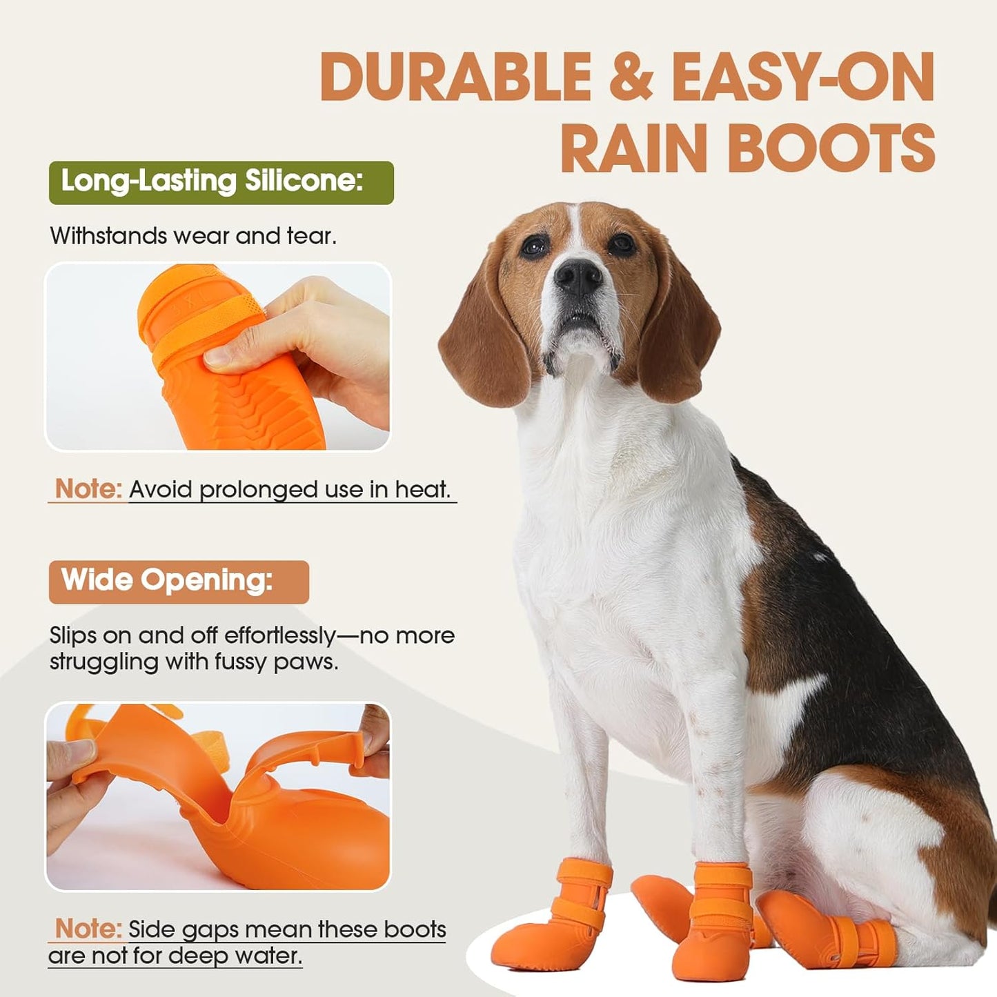 Pezluxe Waterproof Dog Boots, Non-Slip Dog Rain Boots with Ergonomic Design for Front & Back Paws, Outdoor Dog Shoes for Small Medium Large Dogs, Paw Protectors for Hot Pavement & Snow, Orange, XL