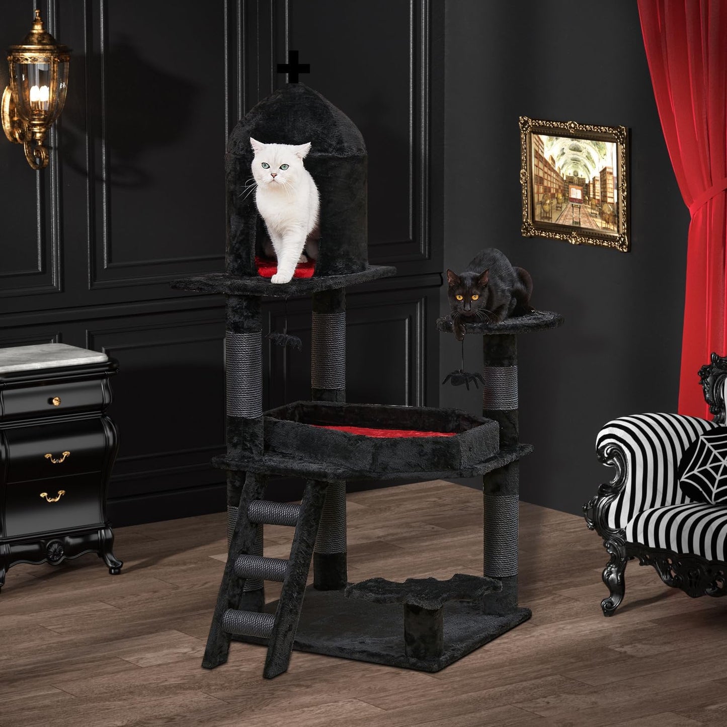Gothic Cat Tree with Coffin Bed，55" Cat Tower with Spacious Cat Condo，Scratching Posts，Spider Hanging Ball，Multi-Level Cat Activities Furniture for Large Cats, Black Halloween