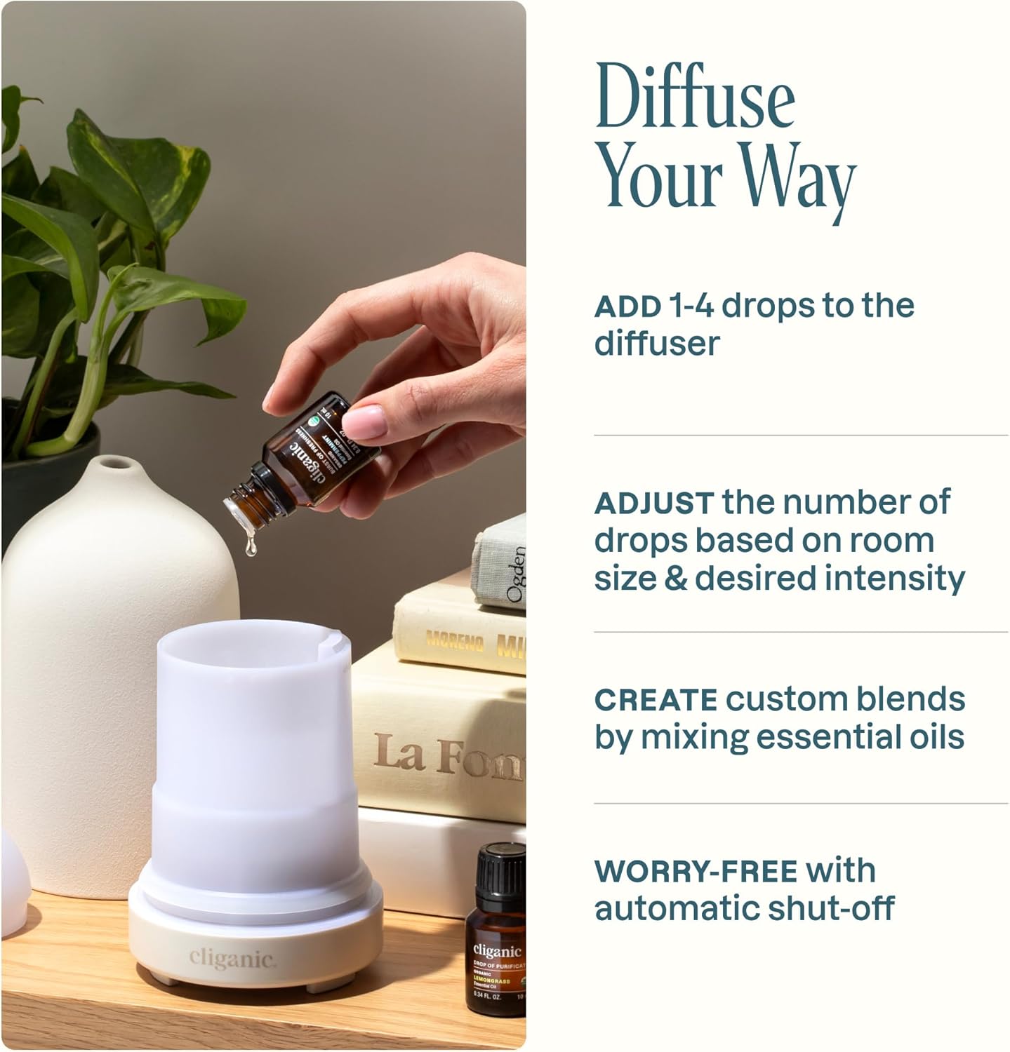 Cliganic Ceramic Diffuser (White), 100ml Ultrasonic for Essential Oils Aromatherapy, Home & Office