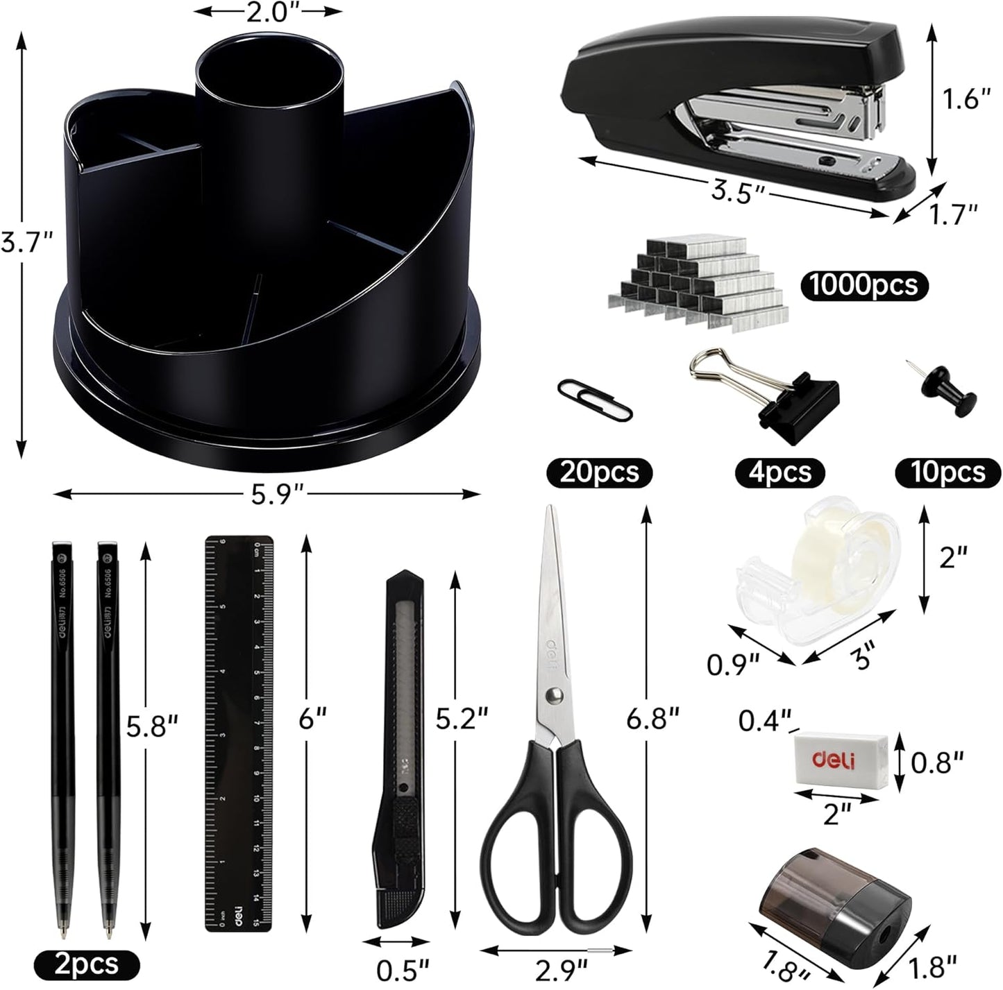 deli Office Supplies Set, 1045 Pcs-Desk Accessory Organizer Kit, Stapler Set, Rotating Multi-Functional Pen Holder, Tape Dispenser, Pens, Binder Clips, Sharpener, Scissor, Eraser, Black