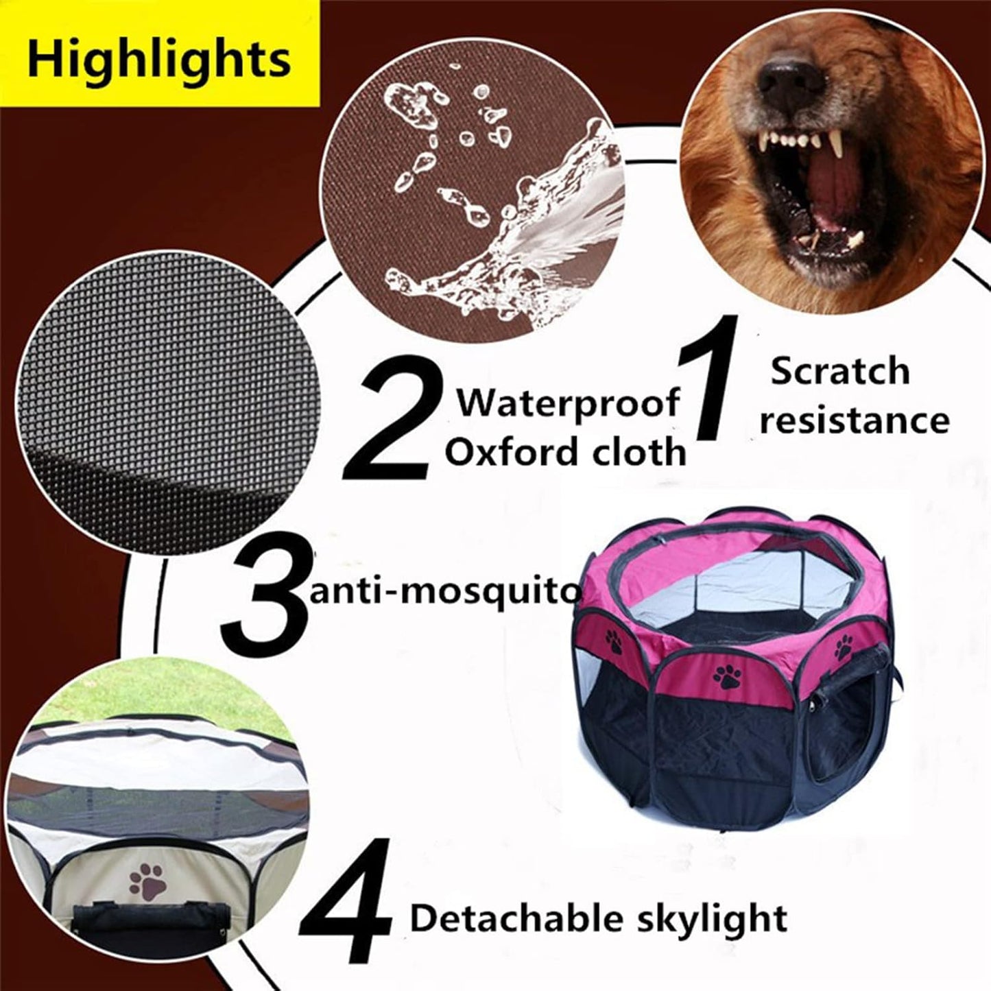 Foldable Dog Cat Playpens, Portable Dog Pen Indoor Outdoor, Air Playpen and Exercise Pen Pet Tent House Playground with Removable Shade Cover for Dogs & Cats,Brown,M