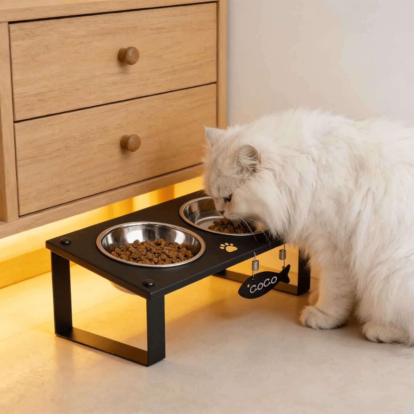 Elevated Cat Bowls with Splash Proof Mat for Kitten Puppy, 10° Tilted Raised Bowl Stand Anti-Vomiting, 2 Wide Shallow Stainless Steel Bowls, Whisker Friendly, 3.5" Tall
