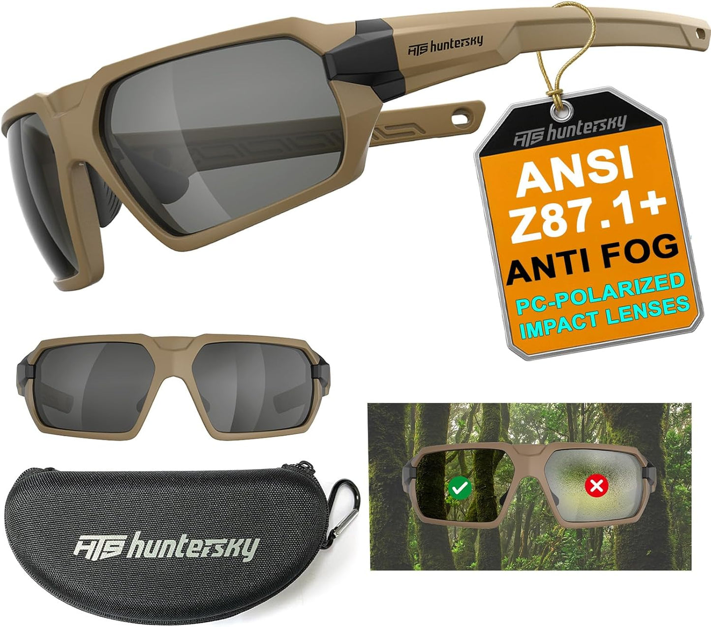 HTS HUNTERSKY Ballistic Tactical ANSI Z87.1+ Impact Protection Anti Fog Shooting Glasses Military Grade Airsoft Range