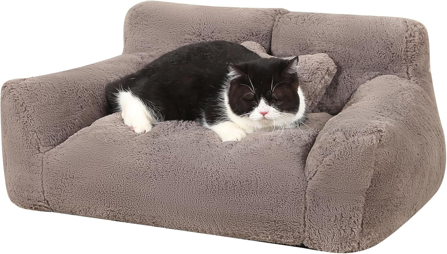 Fluffy Cat Couch for Indoor Cats, Small Dog Bed with Bone Shaped Pillow, Anti-Anxiety Pet Bed with Washable Cover, Brown