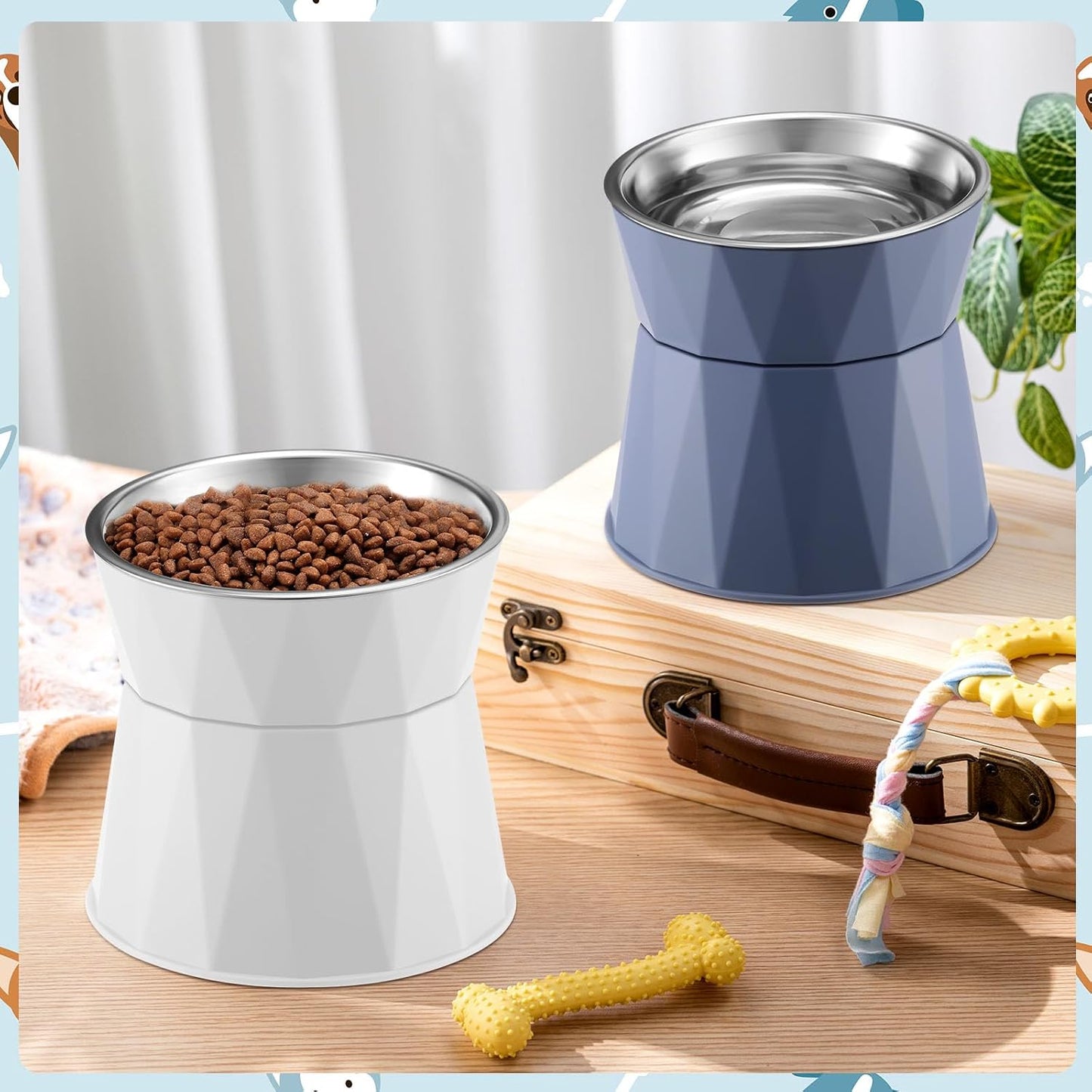 Lallisa Cat Feeder, 2 Pcs Elevated Stainless Steel Bowls with Adjustable Raised Stand, Non-Slip Pet Food and Water Bowl for Cats, Dogs, Hygienic Feeding Eating Pets (Blue, White)