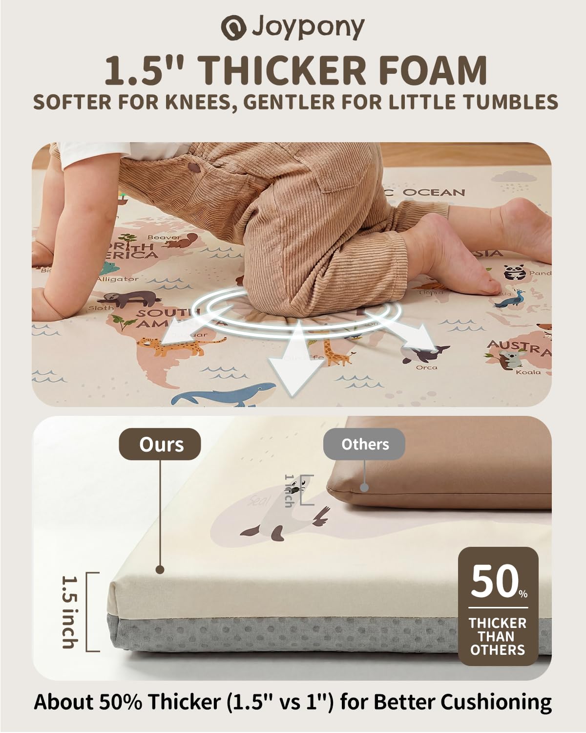 Baby Play Mat for Floor 50x50, 1.5” Thick Vegan Leather Crawling Mat with Removable Cover, Waterproof Playpen Mat for Infants and Toddlers, Wipe-Clean Kids Playmat, World Map