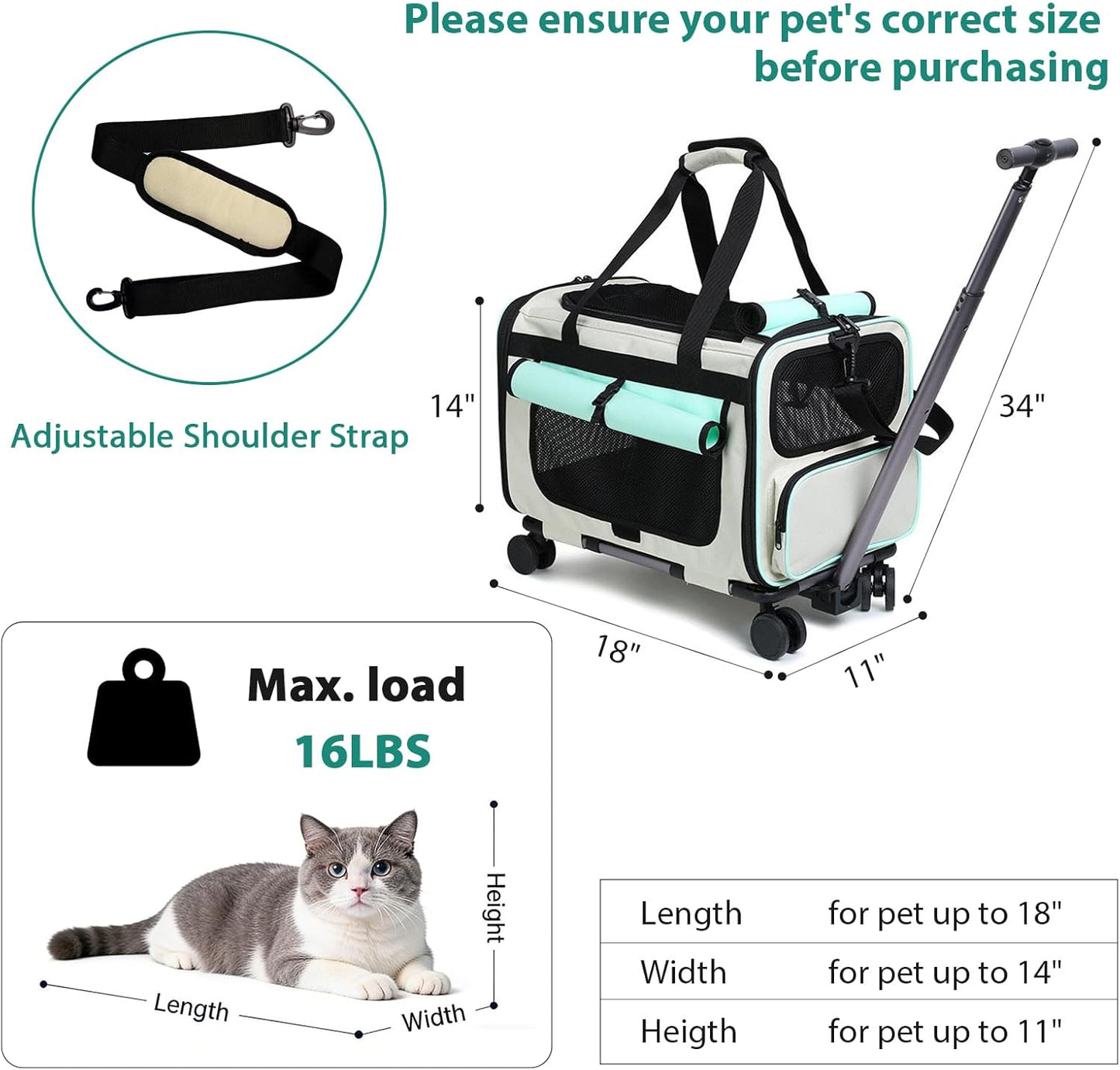Expandable Pet Carrier with Wheels for Small Dogs and Cats,Airline Approved Rolling Cat Carrier with Removable Platform,18”X11”X14”,Foldable Soft-Sided Travel Bag Fits Under Seat,Up to 16 lbs(Blue)