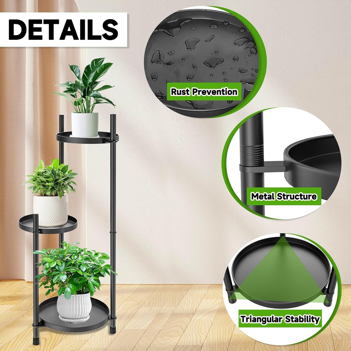 3-Tier Metal Plant Stand for Indoor & Outdoor, Heavy Duty Corner Flower Shelf Display Rack for Living Room Balcony Patio Garden Bedroom Classroom Black (Black-B)