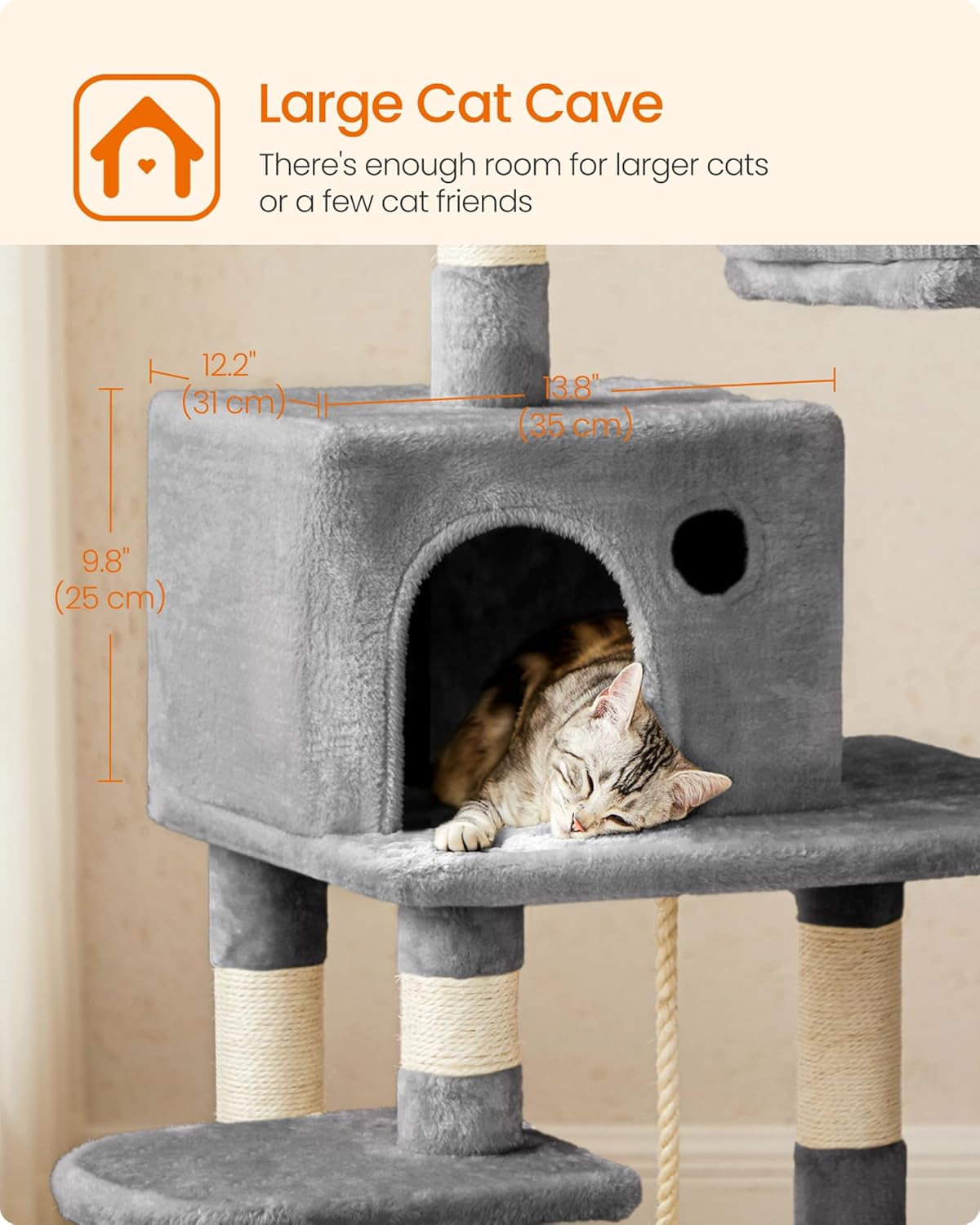 Feandrea Cat Tree, 56.3-Inch Cat Tower, Multi-Level Plush Condo with 11 Scratching Posts, 2 Perches, Hammock, Cave, Light Gray UPCT15W