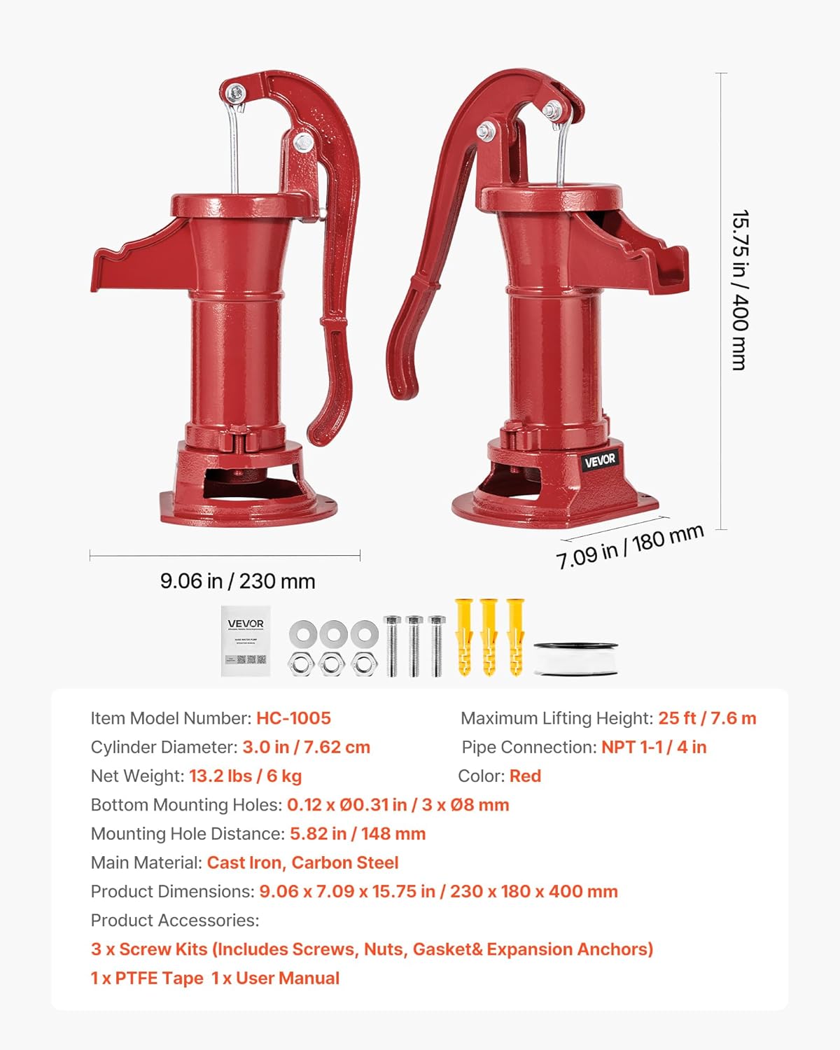VEVOR Well Hand Pitcher Pump, 25 ft Maximum Lift, Antique Cast Iron Manual Hand Water Pump, NPT 1-1/4 in Connection, Easy Installation, Old Fashioned for Outdoor Garden, Pond, Backyard, Farm, Red