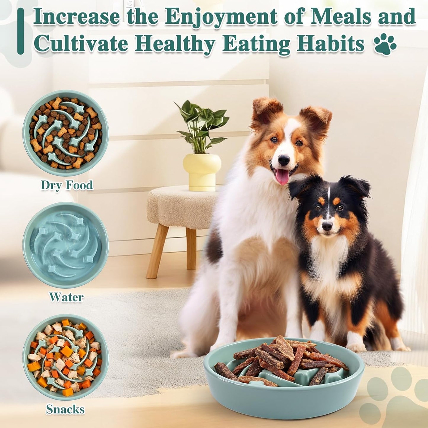 Ceramic Slow Feeder Dog Bowls, 2 Cups Dog Food Dish for Medium and Large Breed, Puzzle Dog Food Bowl for Fast Eater, 28OZ, 8.15 inch(Light Green)