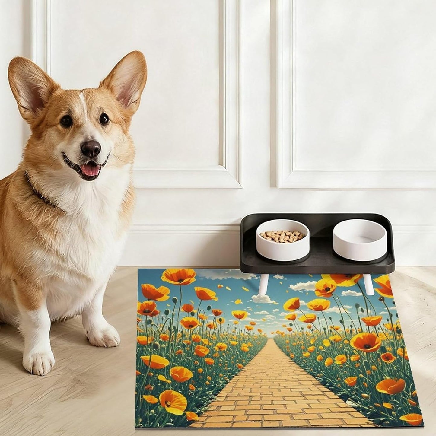 Dog Food Mat Pet Leather Tablecloth Poppies Field Yellow Brick Road Pet Feeding Mat Anti-Slip Dog Bowl Mats Absorbent Pet Placemats for Dogs Protect Floor Dogs Pad for Food and Water