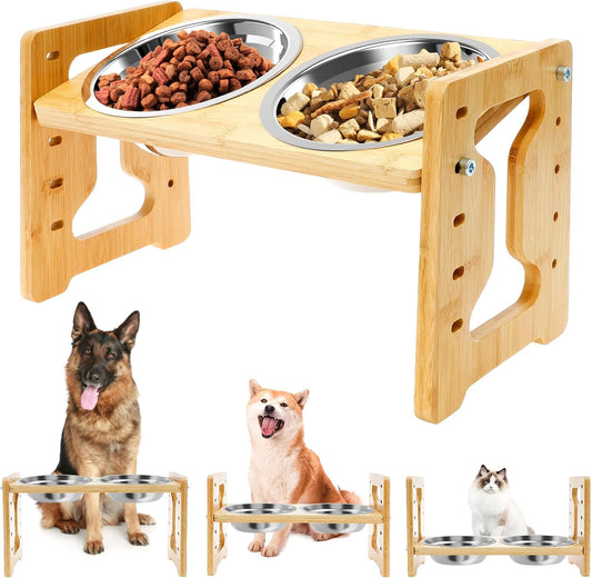 Elevated Dog Bowls - Flexible Adjustable Dog Bowl Stand for Small Medium Dogs & Cats | 6'' Diameter Double Bowls & Non-Slip Foot Pads & Removable Stand