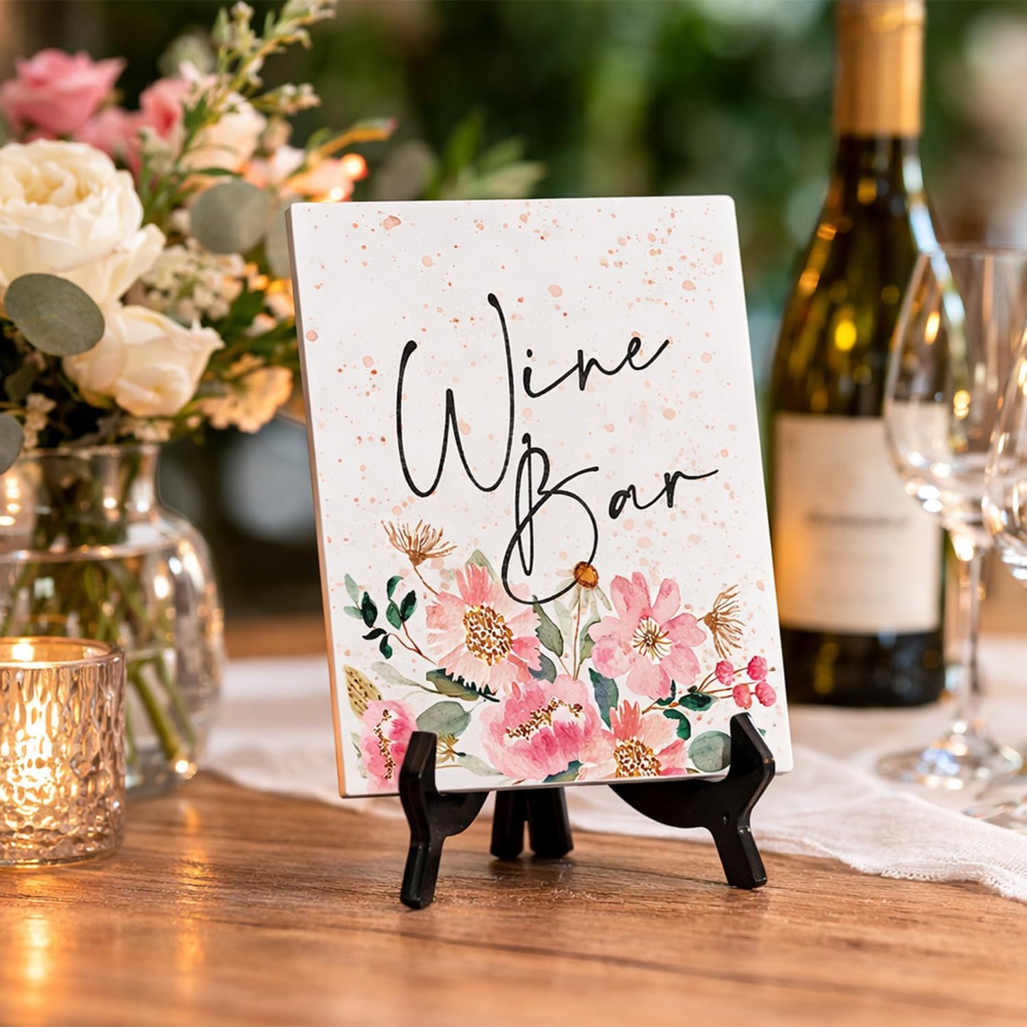 Wine Bar Table Sign with Easel, Floral Watercolor Design (6" x 8")