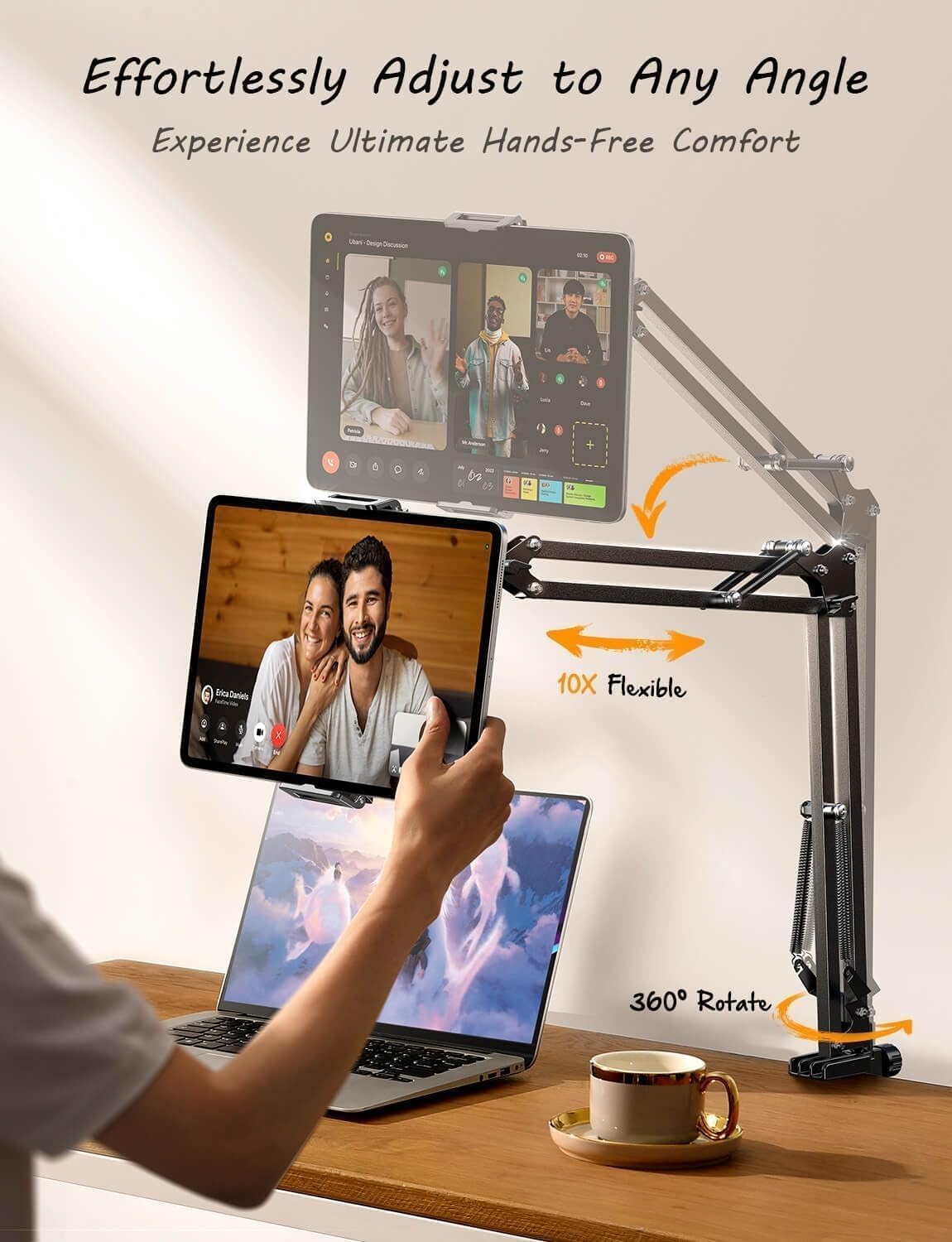 LISEN Tablet Stand iPad Stand for Desk Mount [Ultra Sturdy 2 Clamps] iPad Holder for Tablet Holder Mount Desk Accessories for Men fits iPad Air, iPad 12, iPhone 17e, 4-13" Device (Black)
