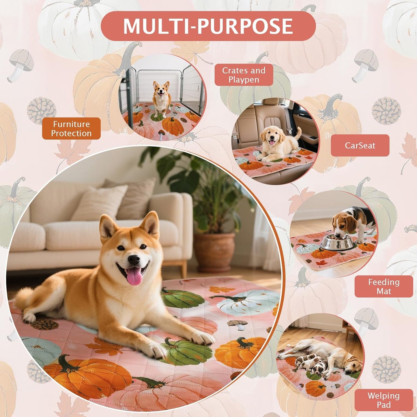 IEUUMLER Washable Pee Pads for Dogs, 2 Pack Pumpkin Pattern Reusable Waterproof Puppy Potty Pads, Non-Slip Absorbent Pet Training Pads for Playpen Crate Bed EU016 Pink Pumpkin, 24x18