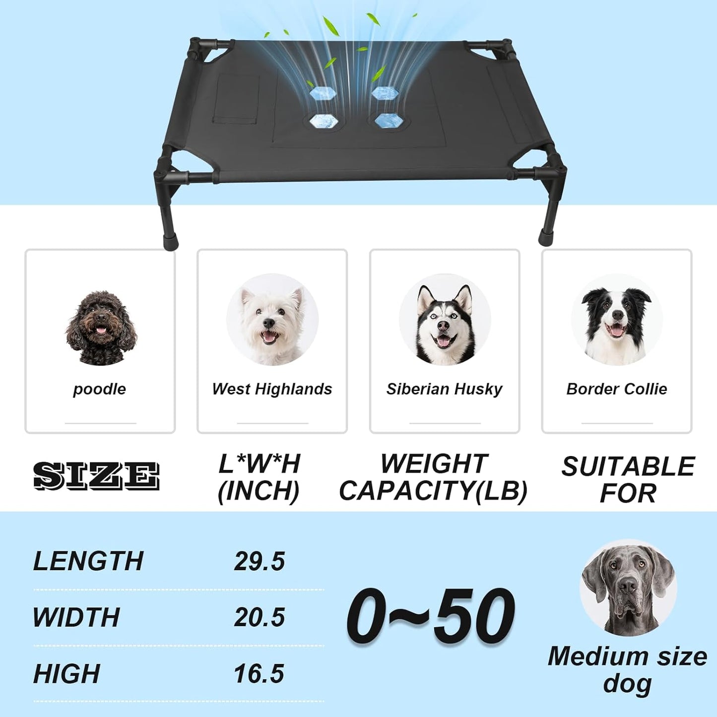Cooling Elevated Dog Bed with 4 Cooling Modules PVC Cover, Anti-Slip Base & Stainless Steel Frame for Dogs, Cats, and Kids - Indoor & Outdoor Use