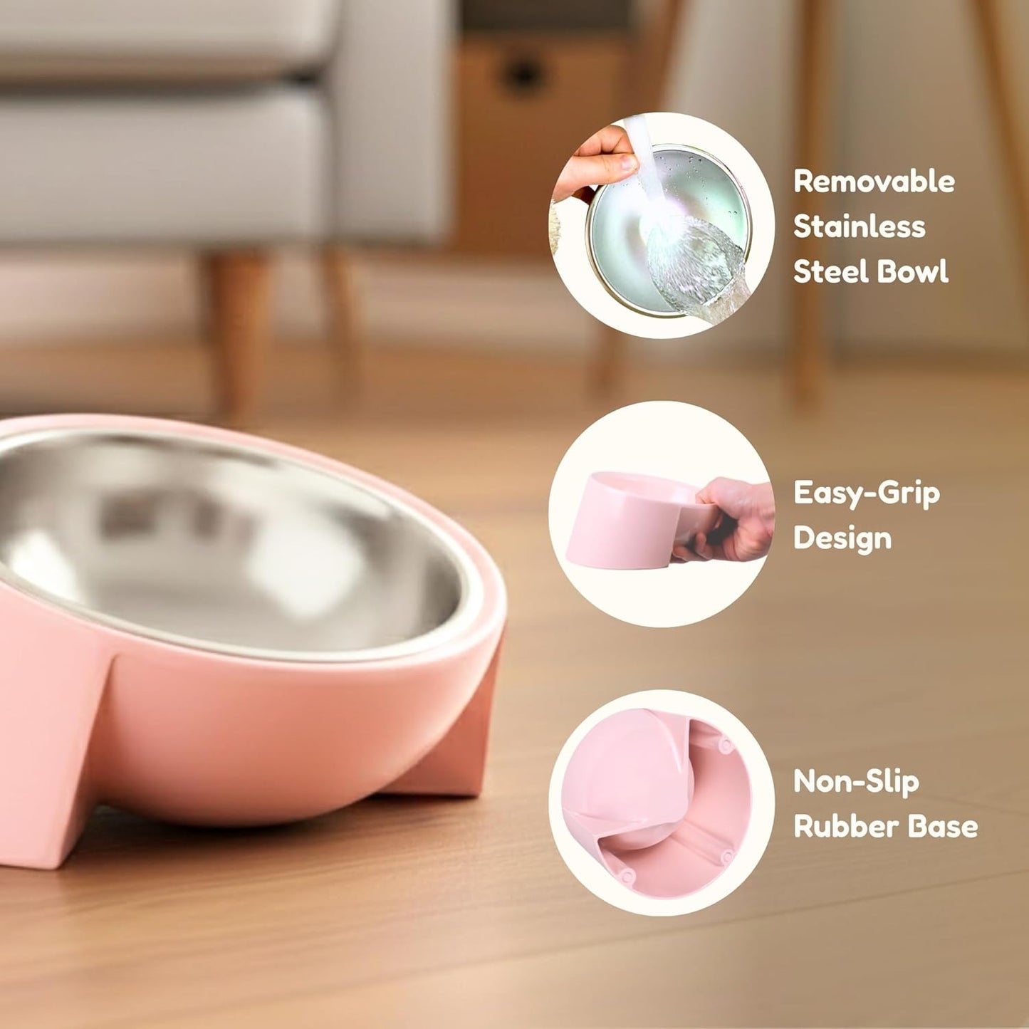 Tilted Dog Bowl for Flat-Faced & Senior Dogs, 15° Slanted Stainless Steel Dog Food Bowl, Elevated Pet Feeder for Small & Medium Dogs, Comfortable Eating Design (Pink, M (420 ML / 1.5 Cups))