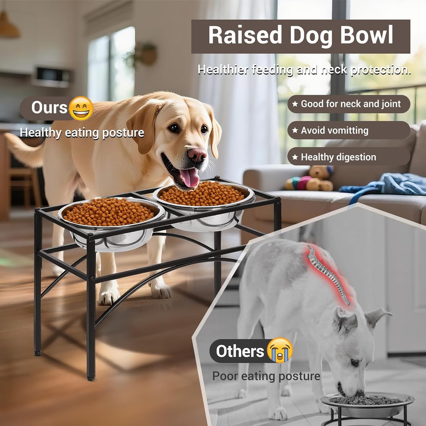 Funkeen Elevated Dog Bowls Raised Pet Feeder Cat Food & Water Diner Stand Set w/ 2 Removable Stainless Steel Bowls (2 Quarts/13.77" in Height)