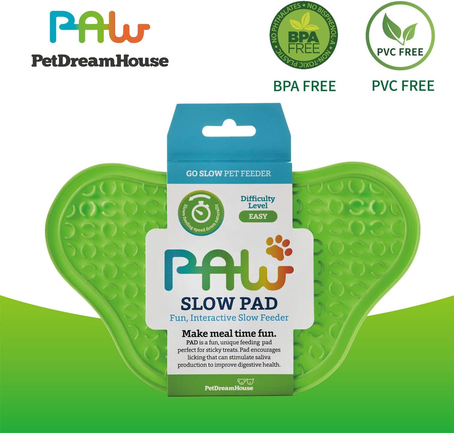 PetDreamHouse Lick Paw Pad & Slow Feeder for Dogs, Anti-Boredom, Distraction Mat, Reduces Anxiety w/Stress-Relief Stimulating Licking, Suction Cups on Back, Ideal for Puppies, Dogs & Cats, Green
