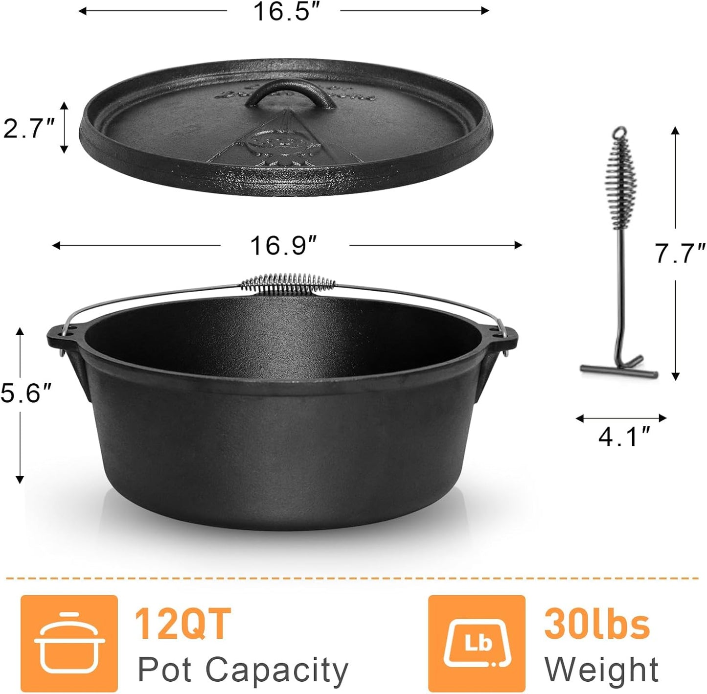 Camping Dutch Oven,12 Qt Pre-Seasoned Cast Iron Camp Dutch Oven Pot with Lid - Lid Lifter, Cast Iron Dutch Oven with Metal Handle for Cooking BBQ Baking Campfire Modern Black